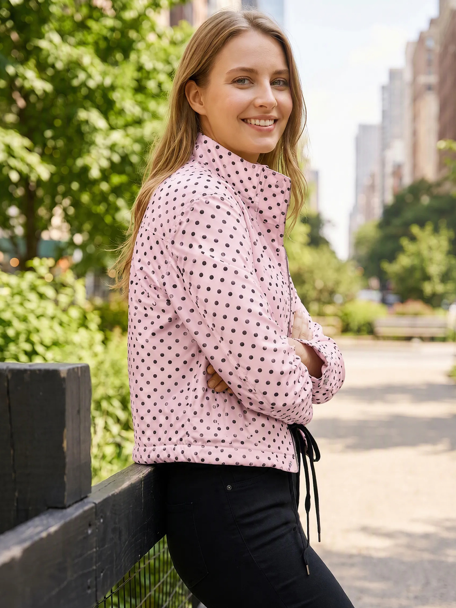 Polka Dot Convertible Collar Cropped Bomber Jacket Pink/XL