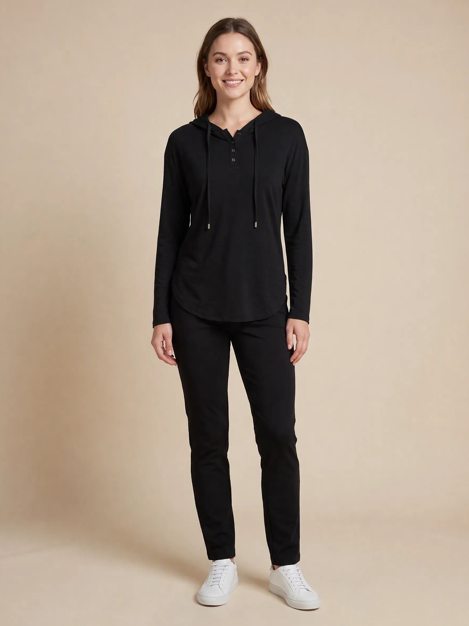 Hooded Drawstring Henley Button Long Sleeve Side Slit Casual Top Black/L