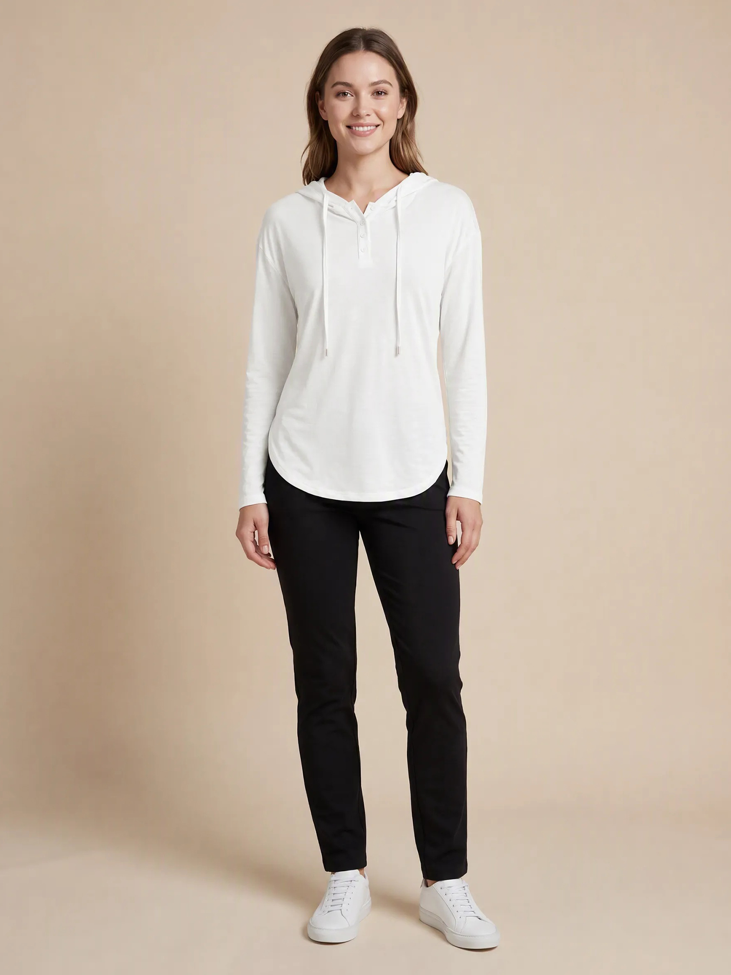 Hooded Drawstring Henley Button Long Sleeve Side Slit Casual Top White/S