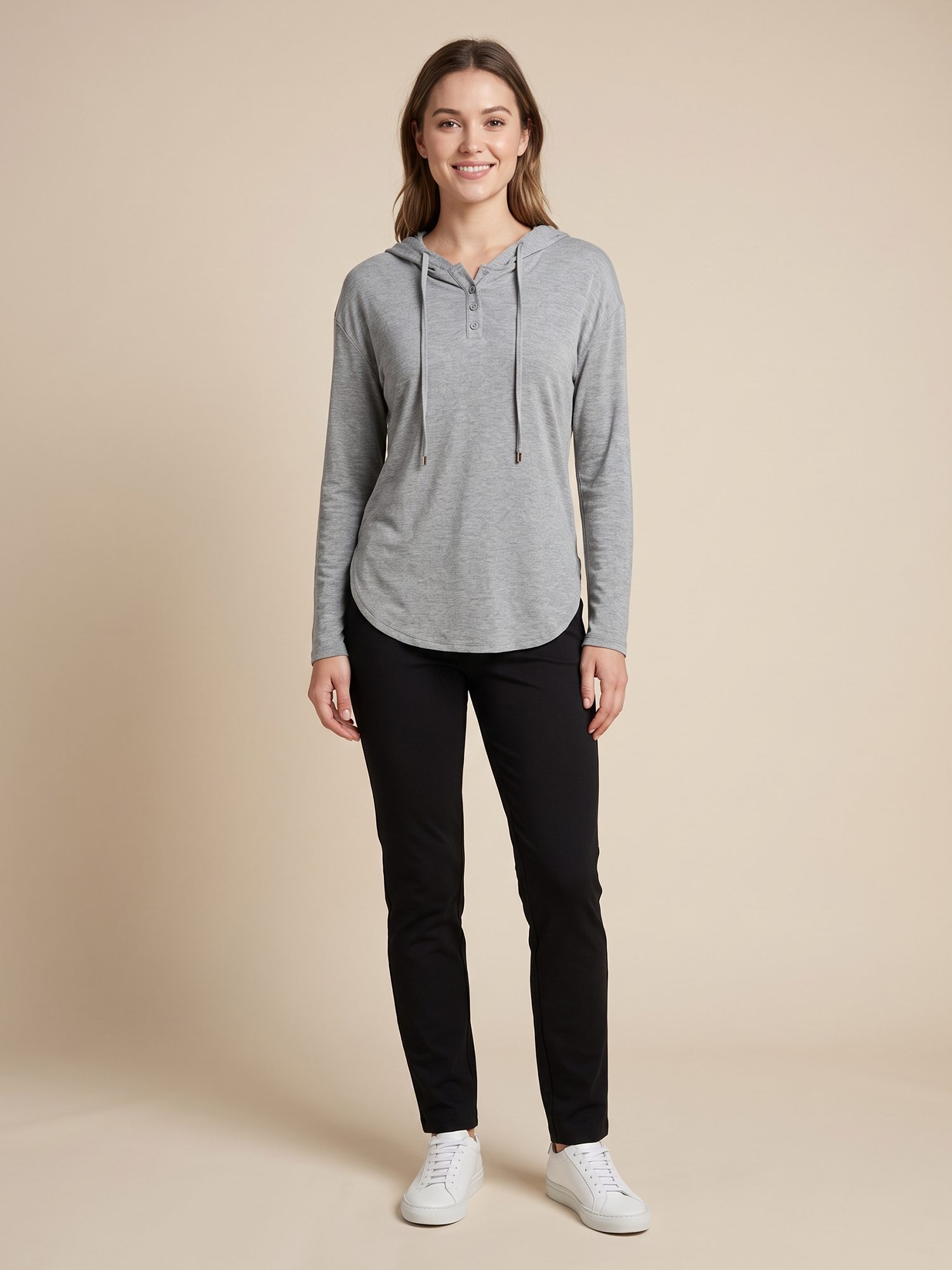 Hooded Drawstring Henley Button Long Sleeve Side Slit Casual Top Grey/S