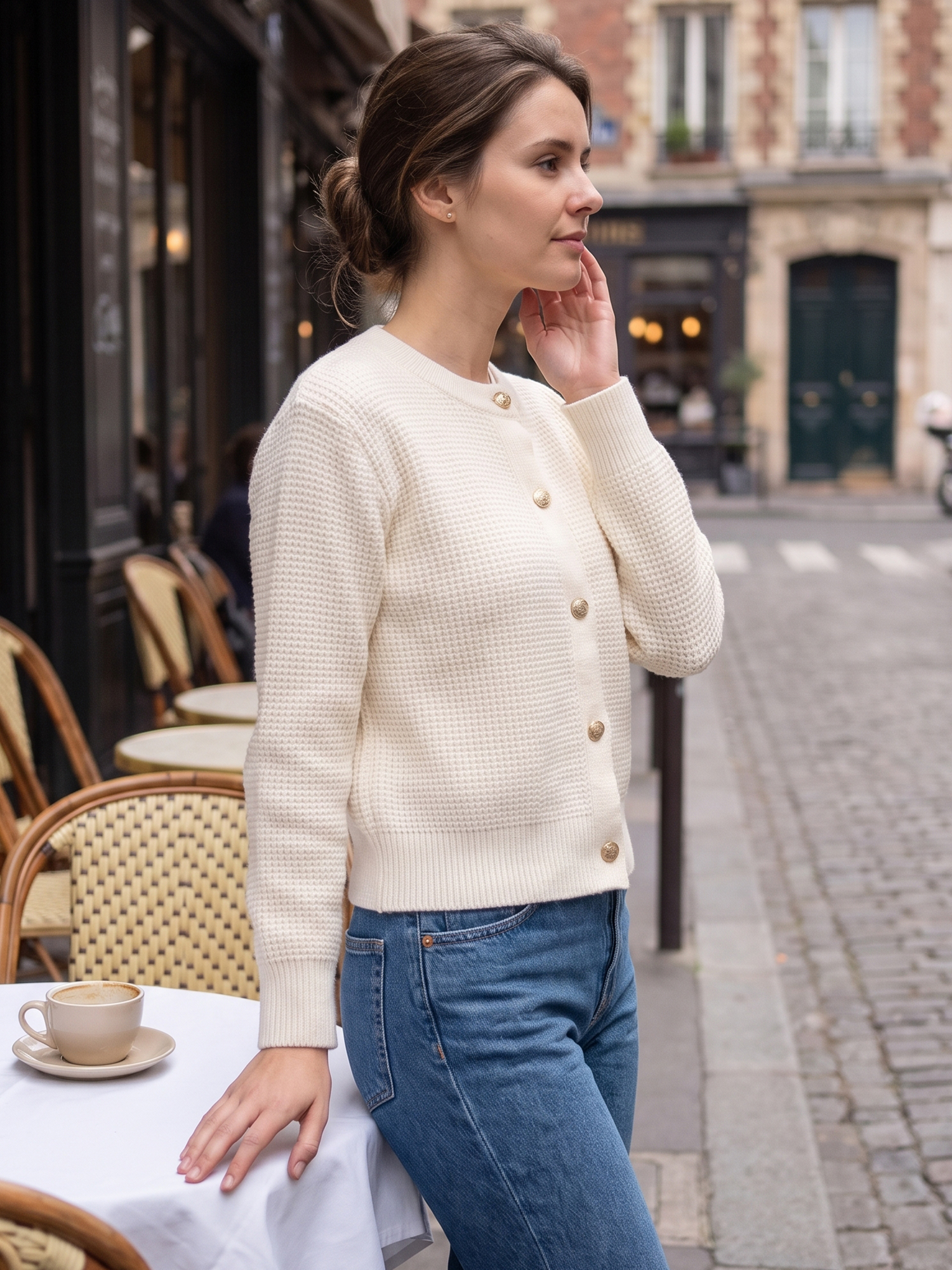 Button Front Textured Knit Long Sleeve Cropped Cardigan White/S