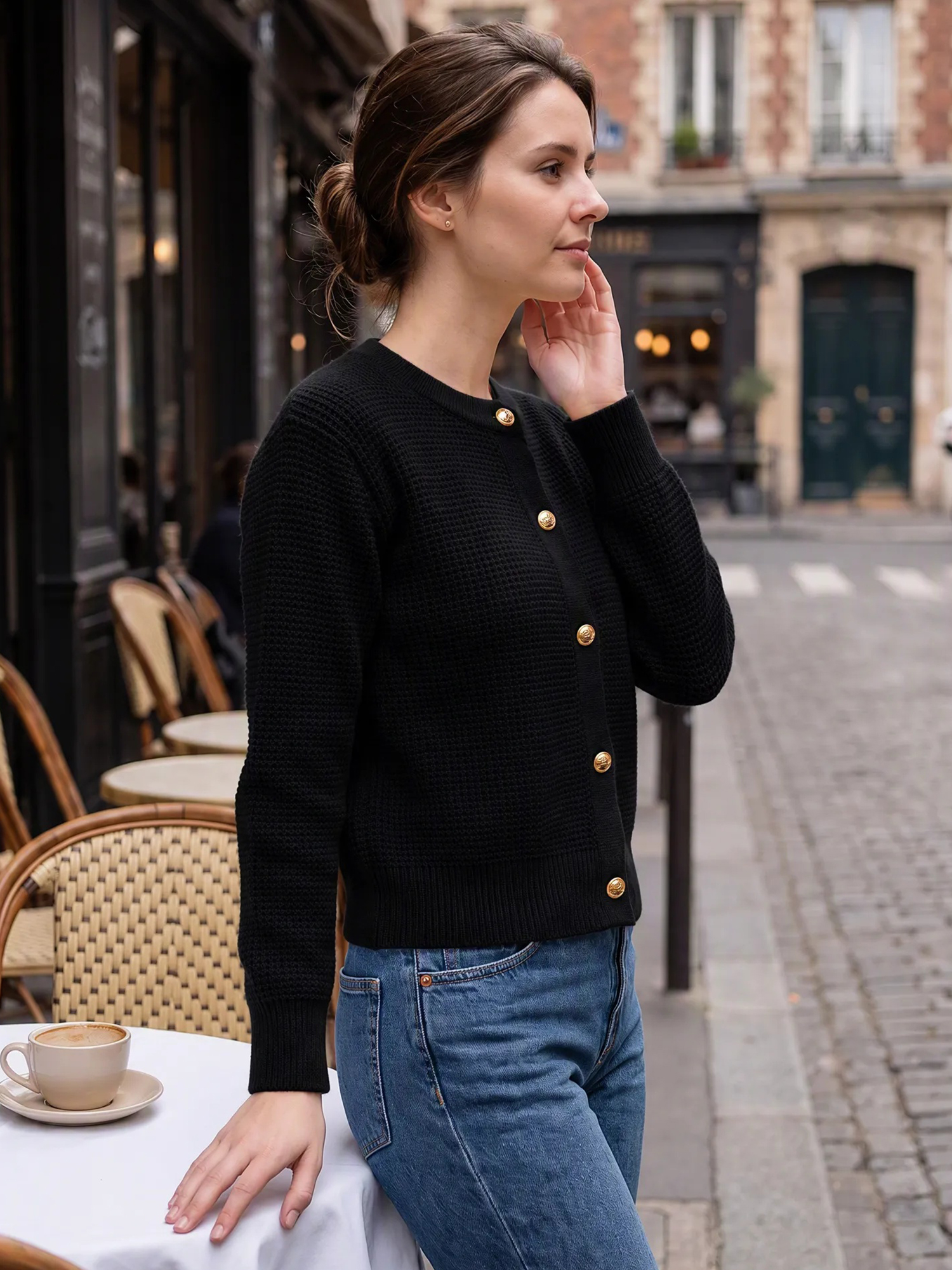 Button Front Textured Knit Long Sleeve Cropped Cardigan Black/S