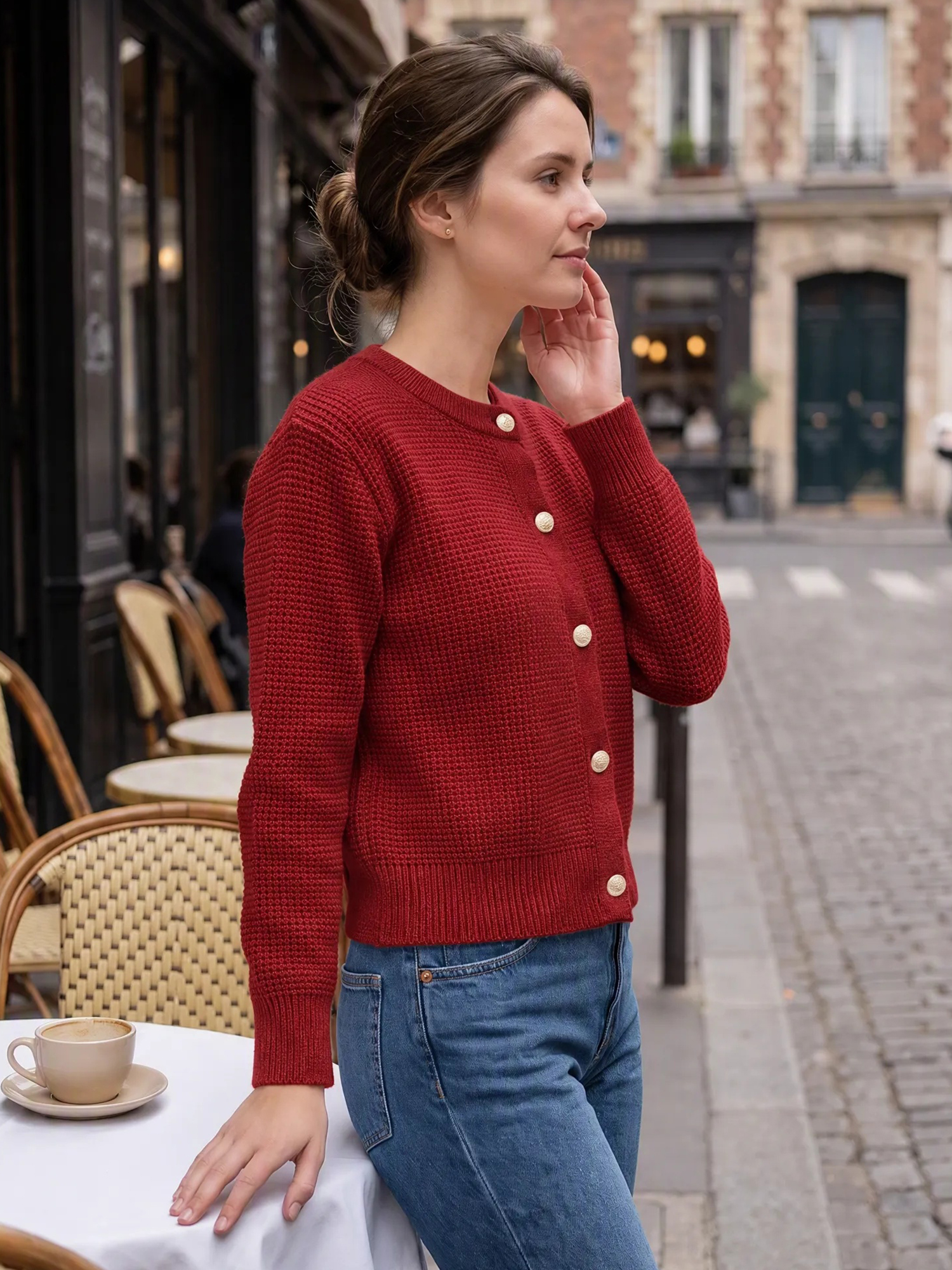 Button Front Textured Knit Long Sleeve Cropped Cardigan Claret/L