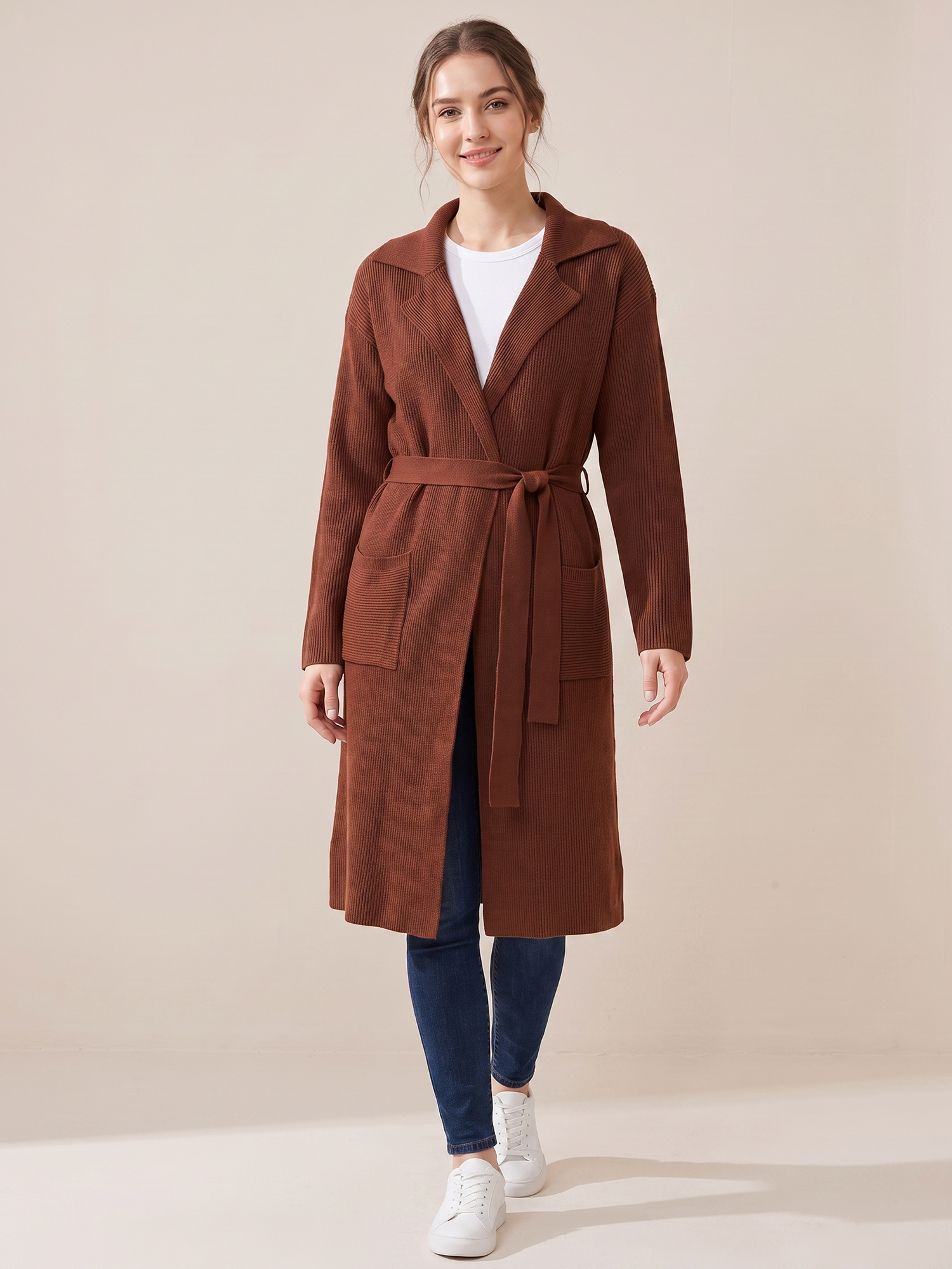 Notch Lapel Belted Long Rib Knit Open Front Cardigan Dark Brown/XL