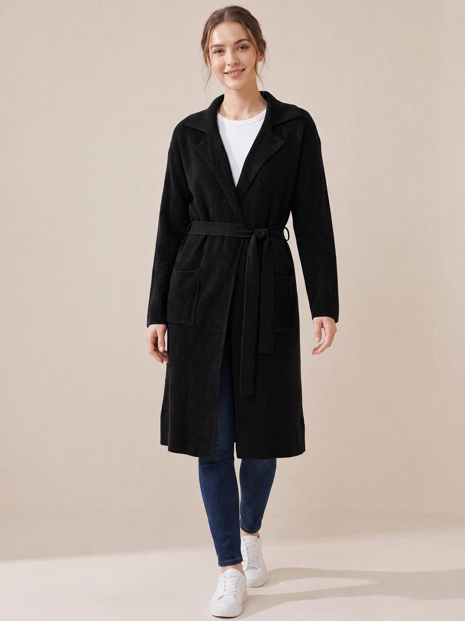Notch Lapel Belted Long Rib Knit Open Front Cardigan Black/M