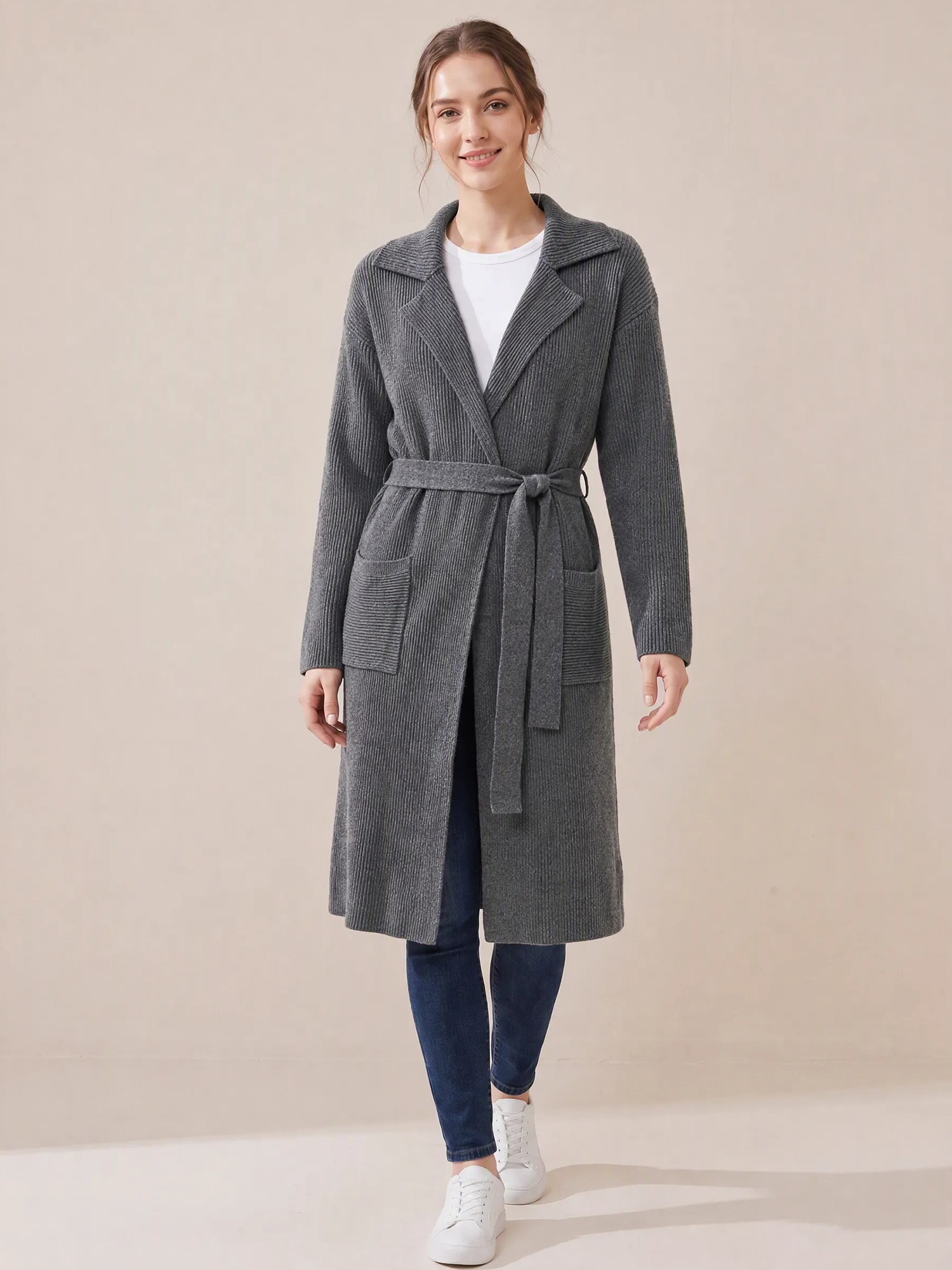 Notch Lapel Belted Long Rib Knit Open Front Cardigan Dark Grey/XL