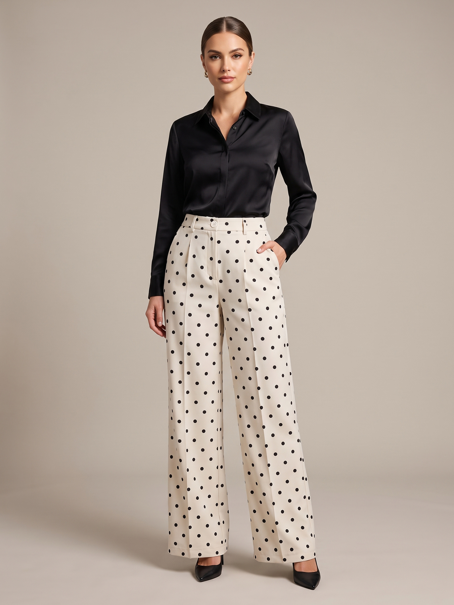 High Waist Button Polka Dot Straight Trousers with Seam Pocket Apricot/M