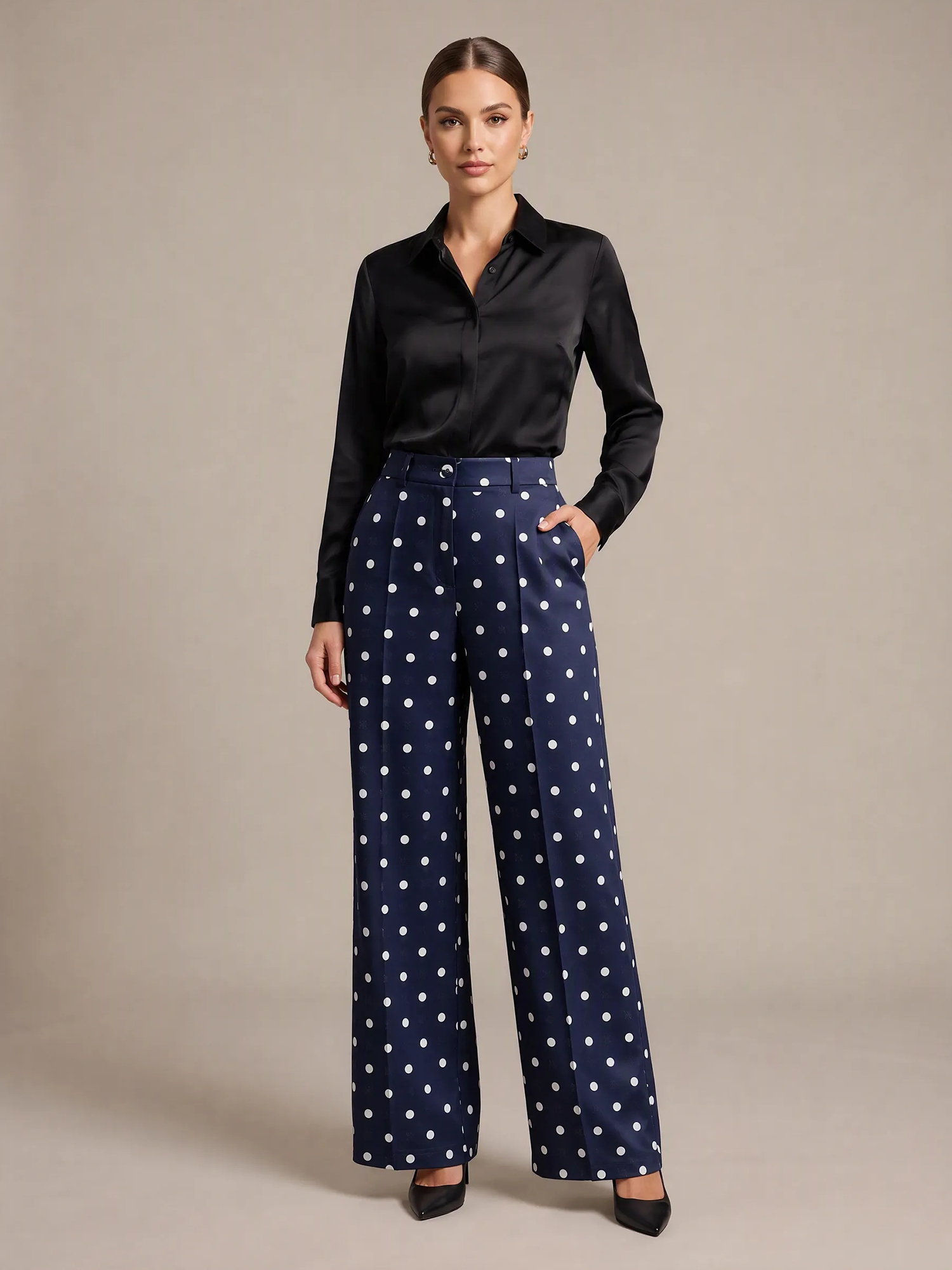 High Waist Button Polka Dot Straight Trousers with Seam Pocket Navy Blue/S