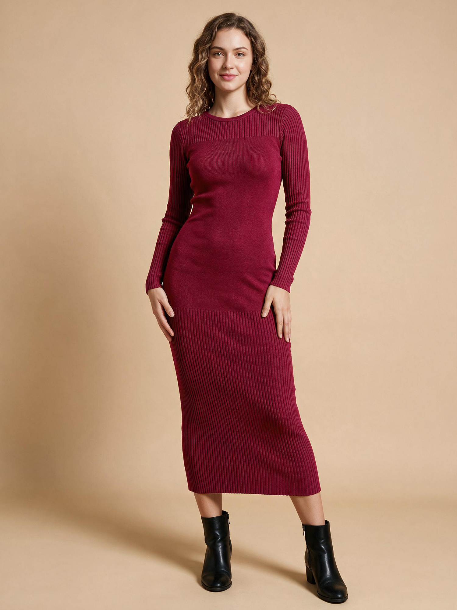 Knitted Crew Neck Midi Solid Long Sleeve Sweater Dress Wine Red/S