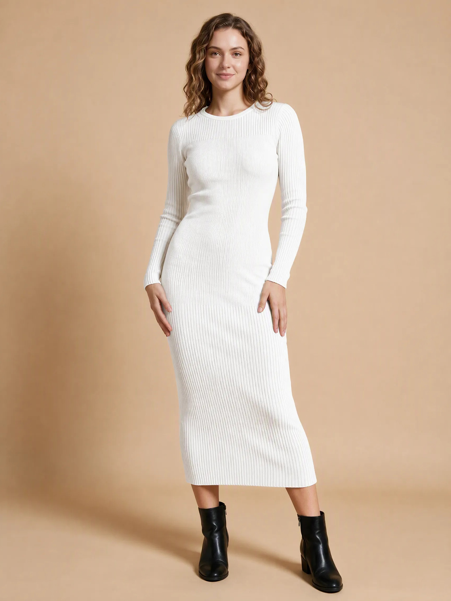 Knitted Crew Neck Midi Solid Long Sleeve Sweater Dress White/M