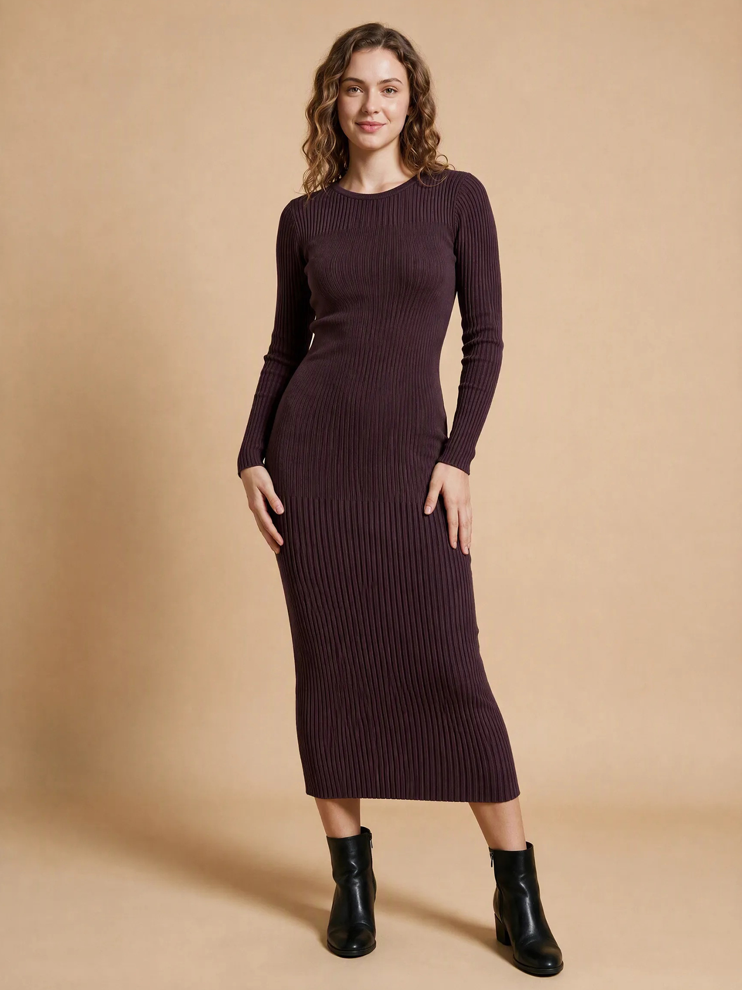 Knitted Crew Neck Midi Solid Long Sleeve Sweater Dress Reddish Brown/M