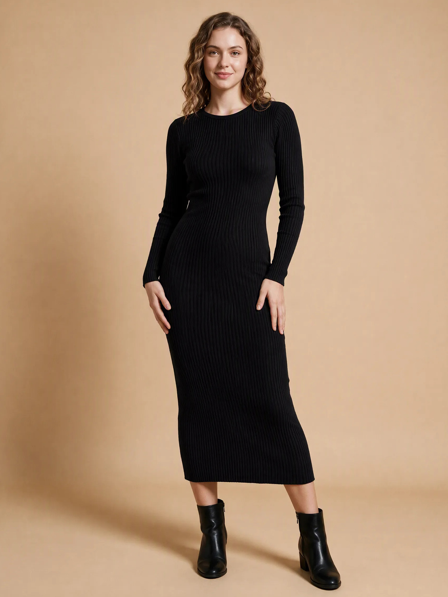 Knitted Crew Neck Midi Solid Long Sleeve Sweater Dress Black/M