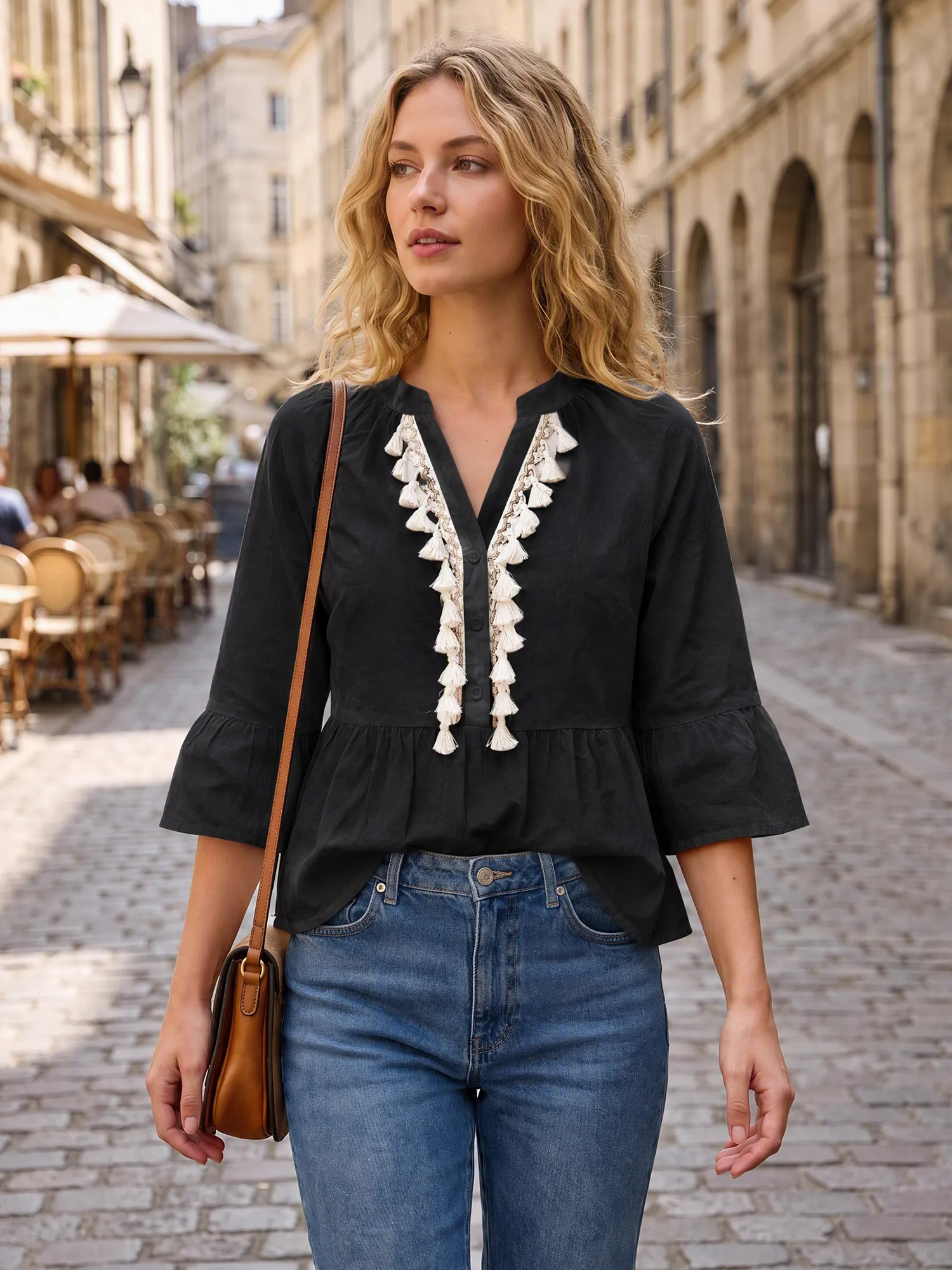 Button Tassel Ornaments 3/4 Sleeve Peplum Blouse Black/XL