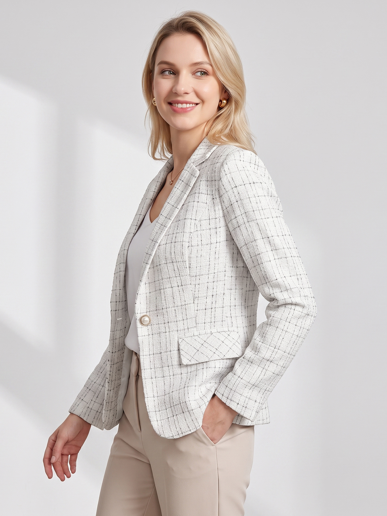 Tweed Plaid Notched Lapel One Button Lined Blazer White/S