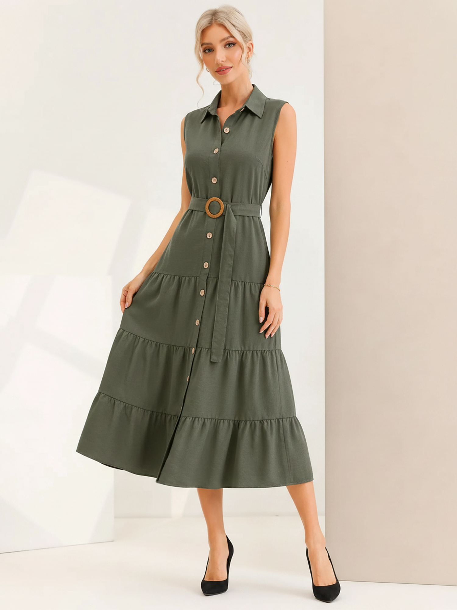 Sleeveless Collared Belted A-Line Tiered Dress Army Sleeveless Collared Belted A-Line Tiered Dress Army