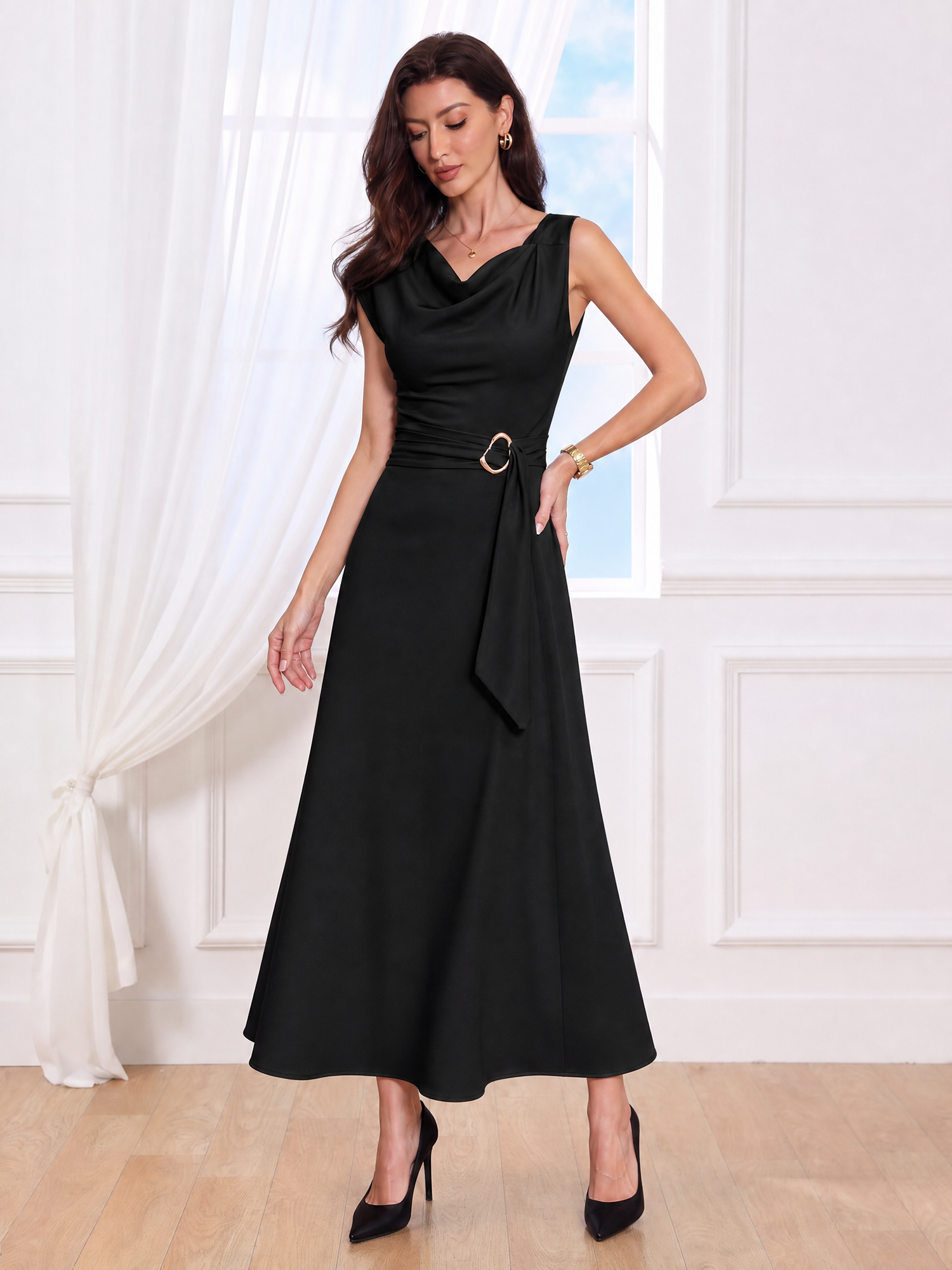 Asymmetrical Sleeveless Cowl Neck Midi Dress Black/L