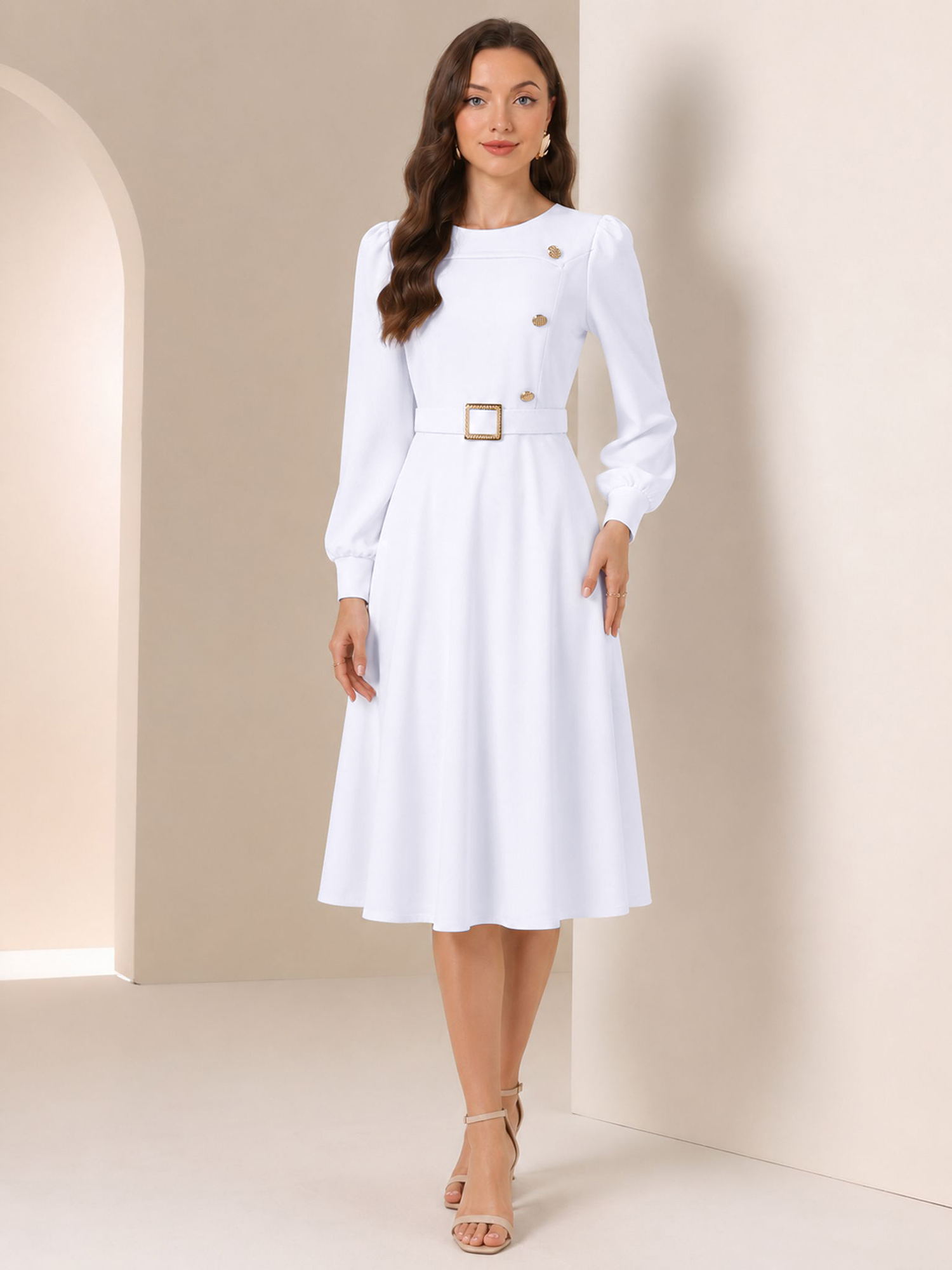 Puff Sleeves Button Decor Belted A-Line Midi Dress White/XS