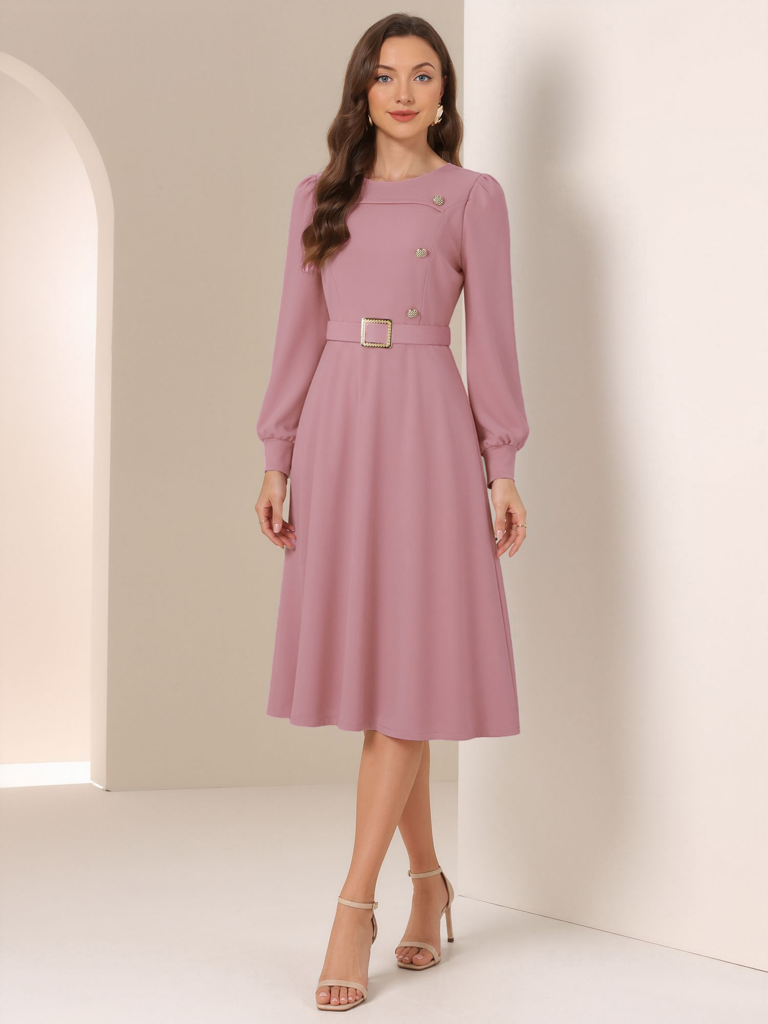 Puff Sleeves Button Decor Belted A-Line Midi Dress Pink/XL