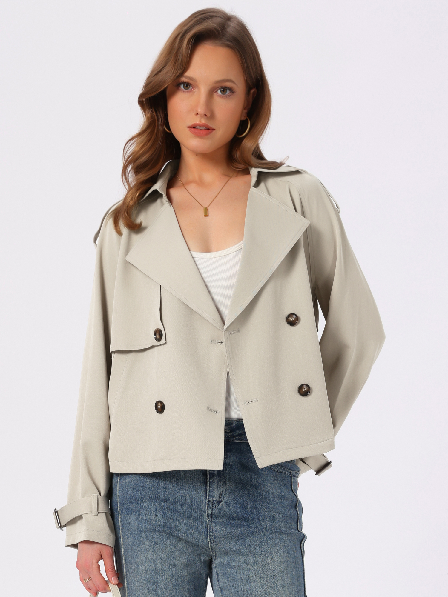 Notched Lapel Button Lightweight Cropped Trench Jacket Notched Lapel Button Lightweight Cropped Trench Jacket
