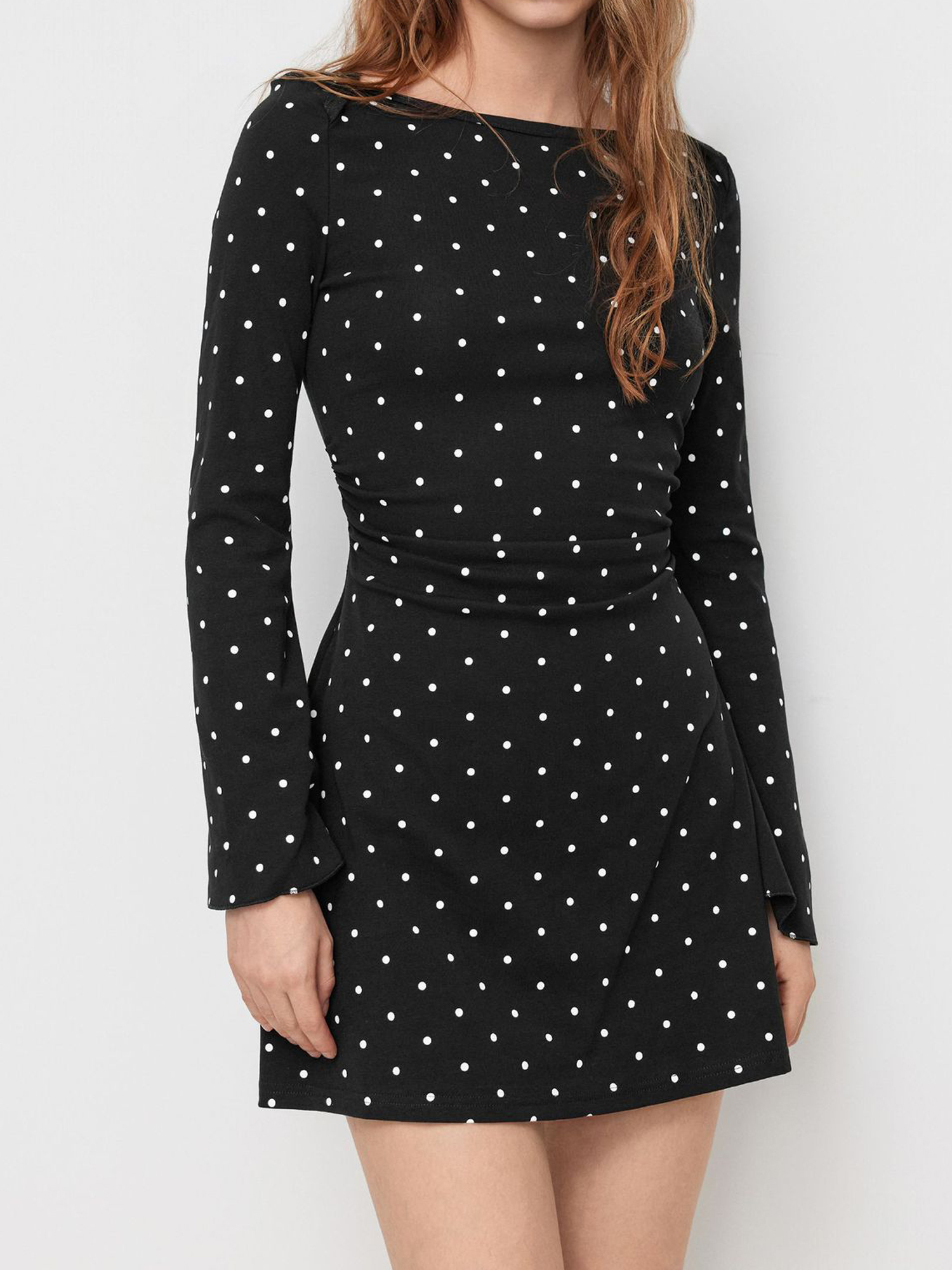 Boat Neck Bell Sleeves Polka Dots Mini Dress Black/L