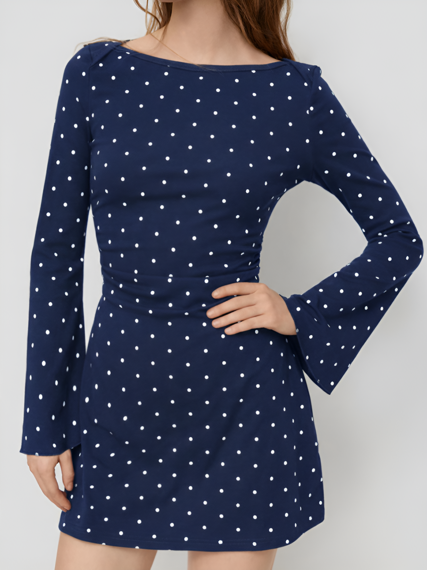 Boat Neck Bell Sleeves Polka Dots Mini Dress Navy Blue/L