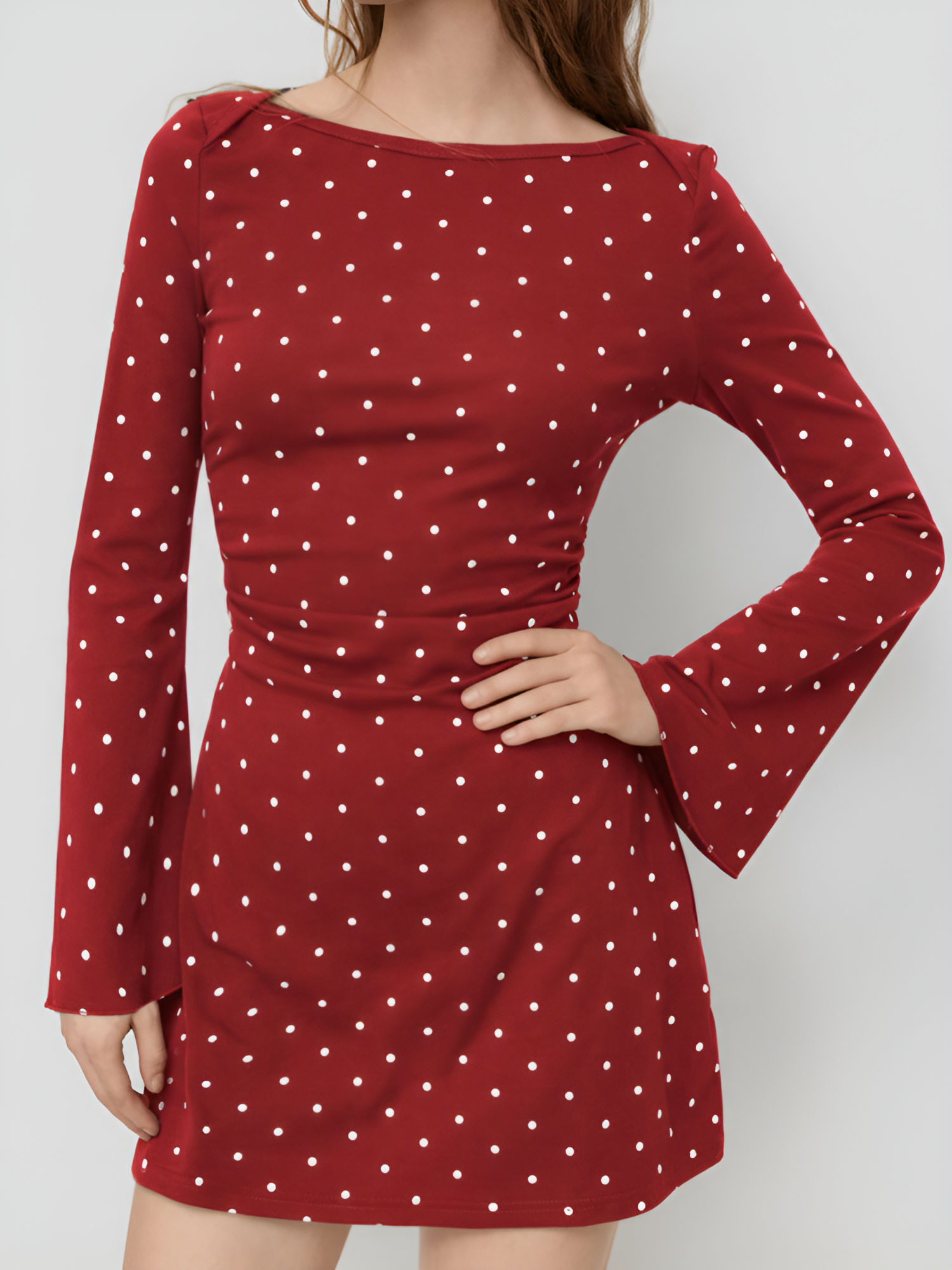 Boat Neck Bell Sleeves Polka Dots Mini Dress Red/S