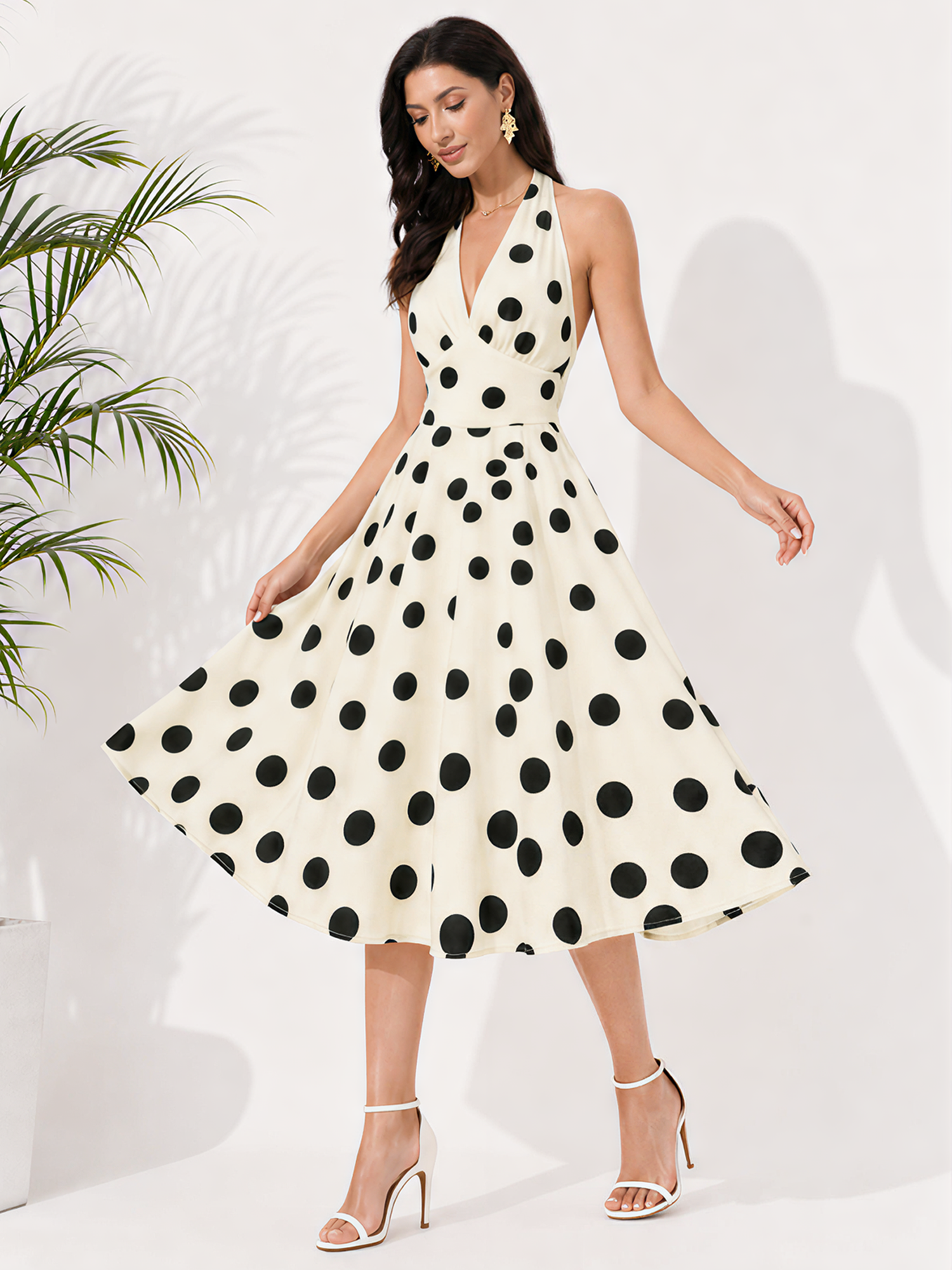 Polka Dot Halter Neck Backless Sleeveless Swing Dress Apricot/L
