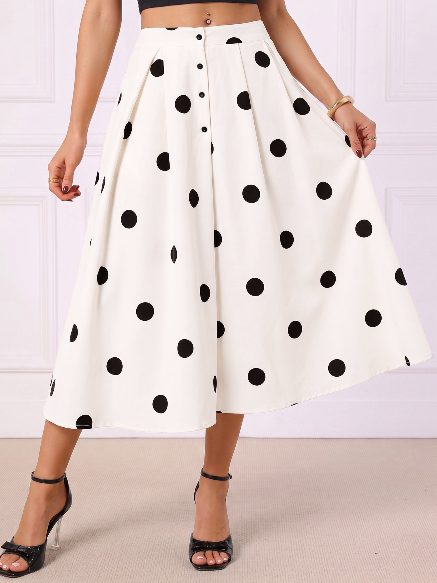 Polka Dots High Waist Buttoned A-Line Midi Skirt Apricot/M