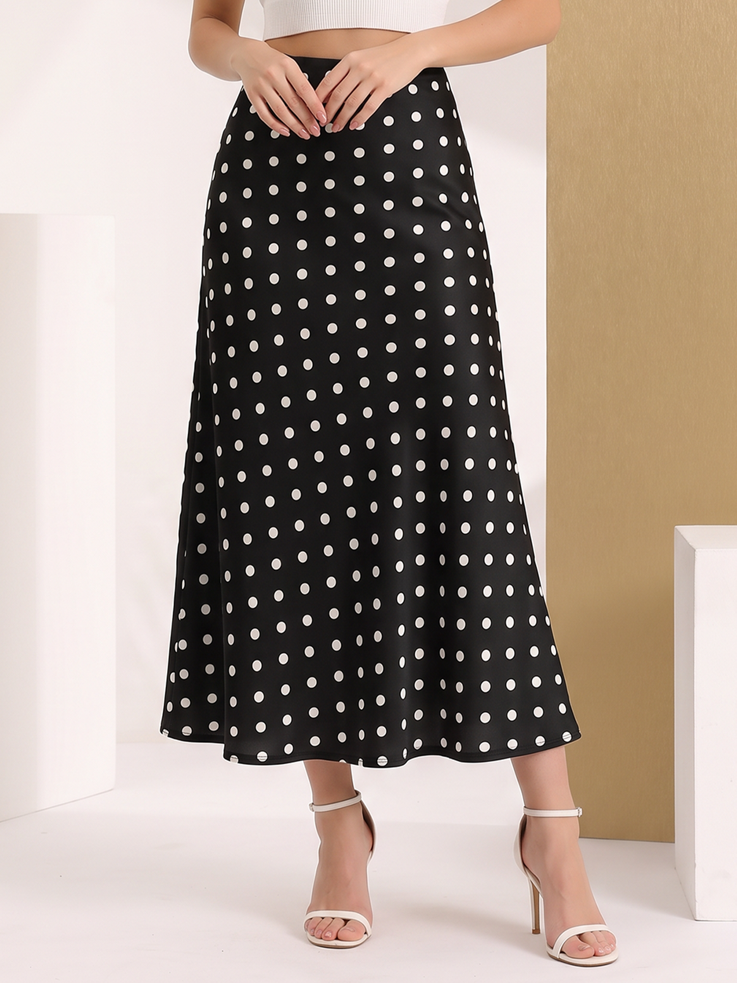 Retro Style Polka Dot Midi Fishtail Skirt Black/L