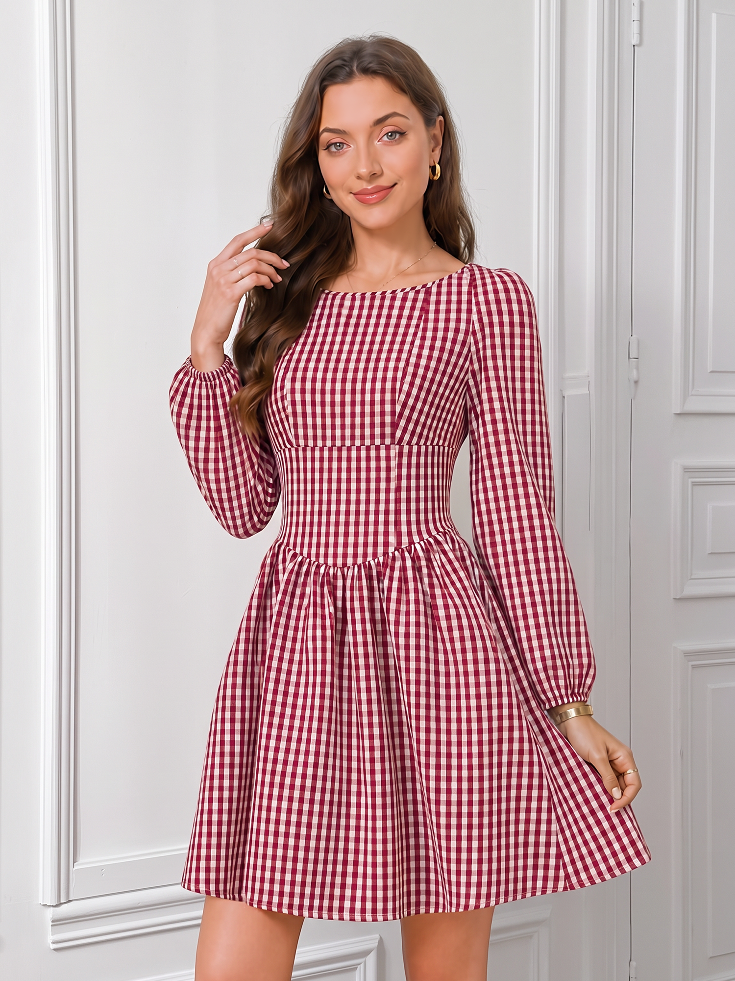 Gingham Bow Backless Checkered Puff Sleeves Mini Dress Red/XS