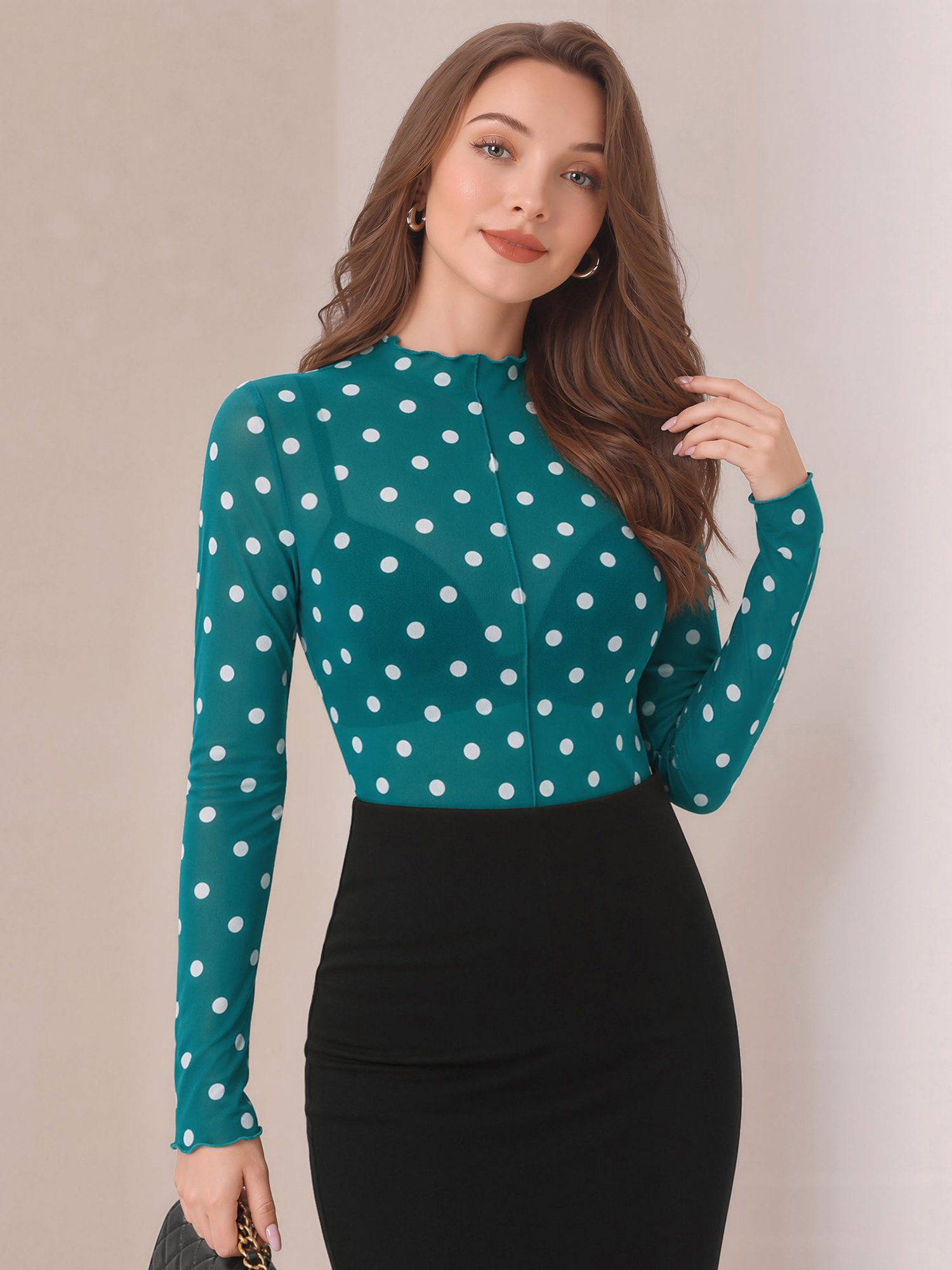 Mock Neck Sheer Polka Dot Long Sleeve Blouse Green/XS