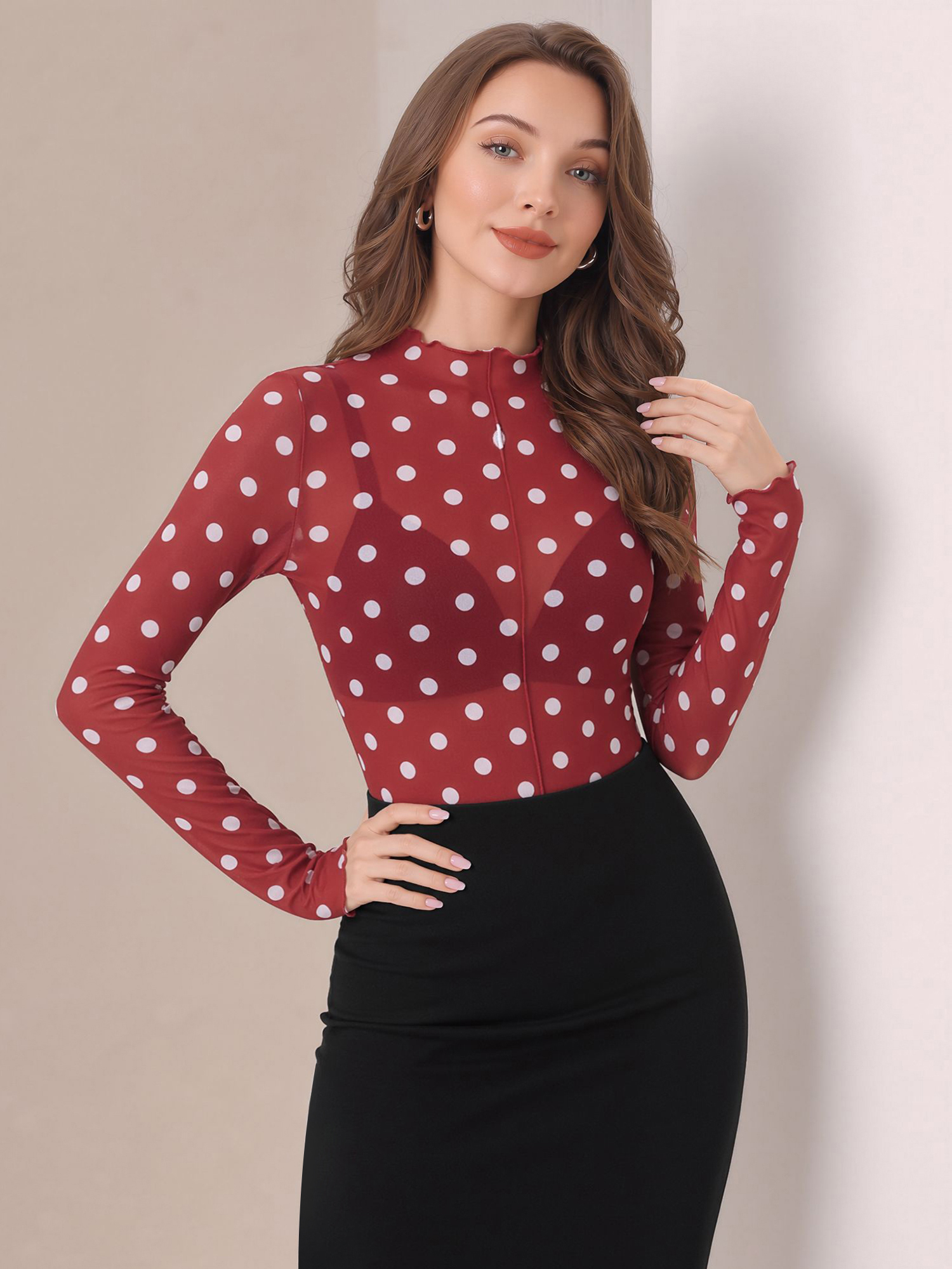 Mock Neck Sheer Polka Dot Long Sleeve Blouse Red/M