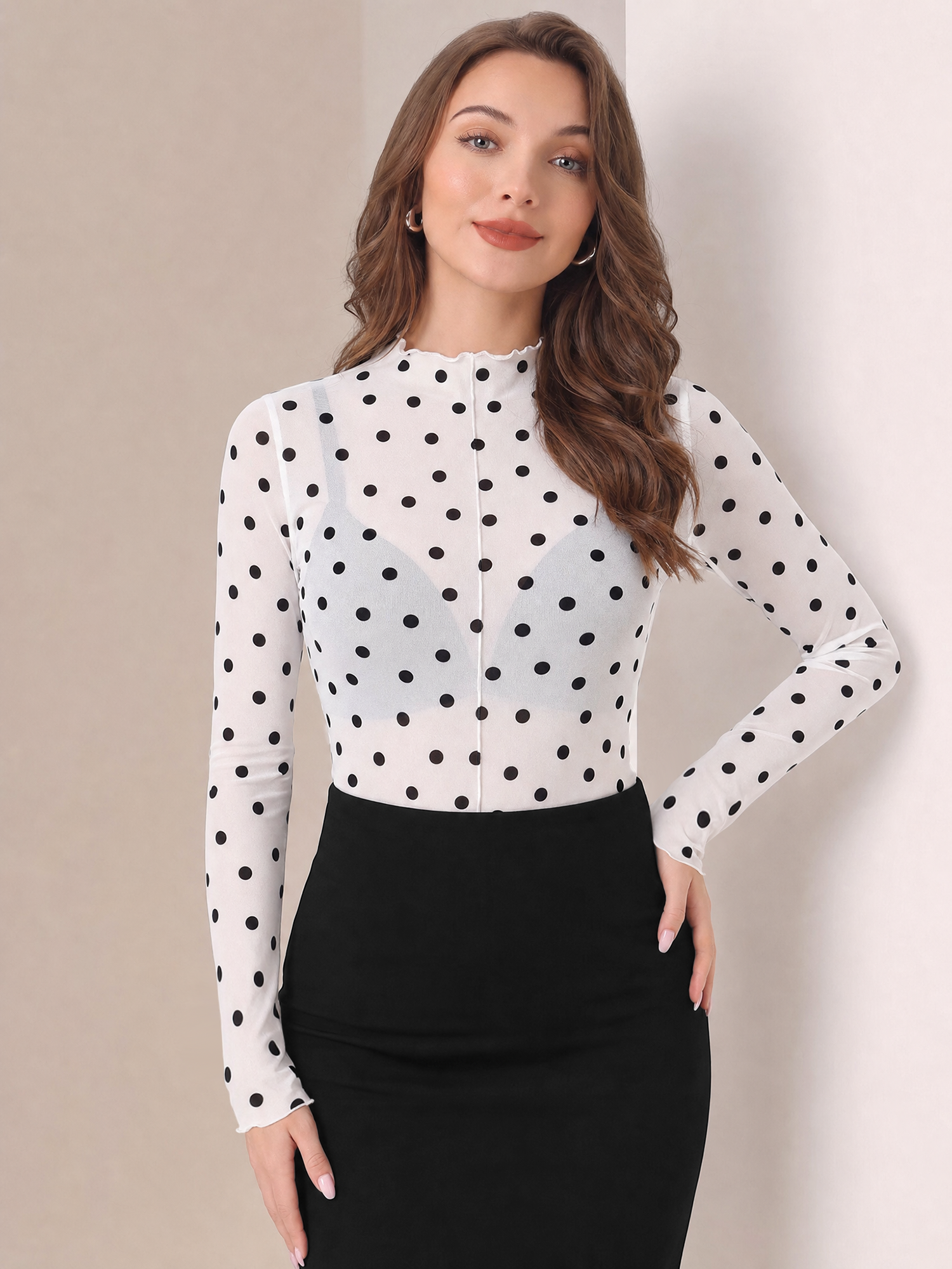 Mock Neck Sheer Polka Dot Long Sleeve Blouse White/S