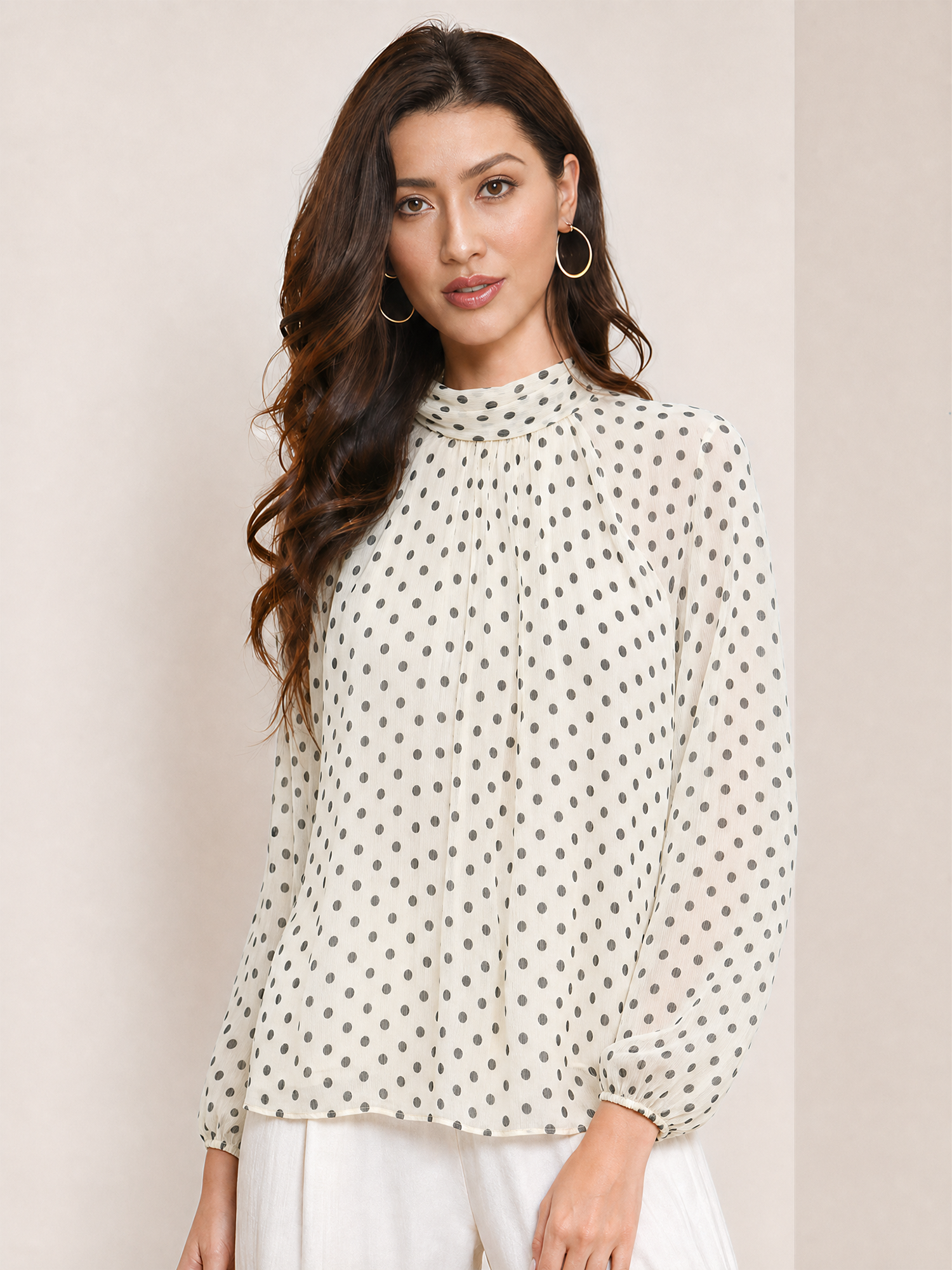 Polka Dots Mesh Mock Neck Lantern Sleeves Blouse White/M