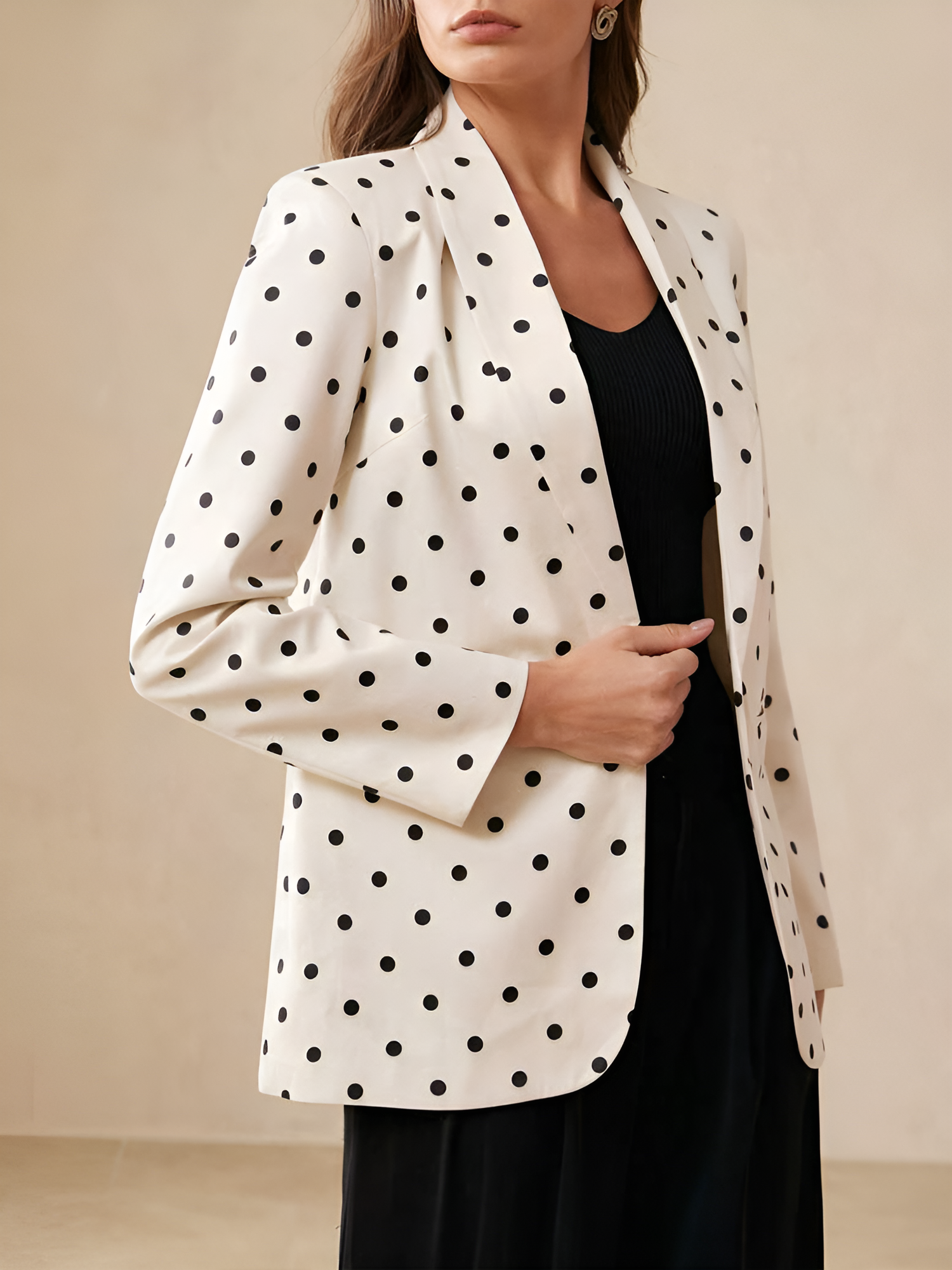 Shawl Collar Long Sleeves Polka Dots Business Casual Blazer Beige/L