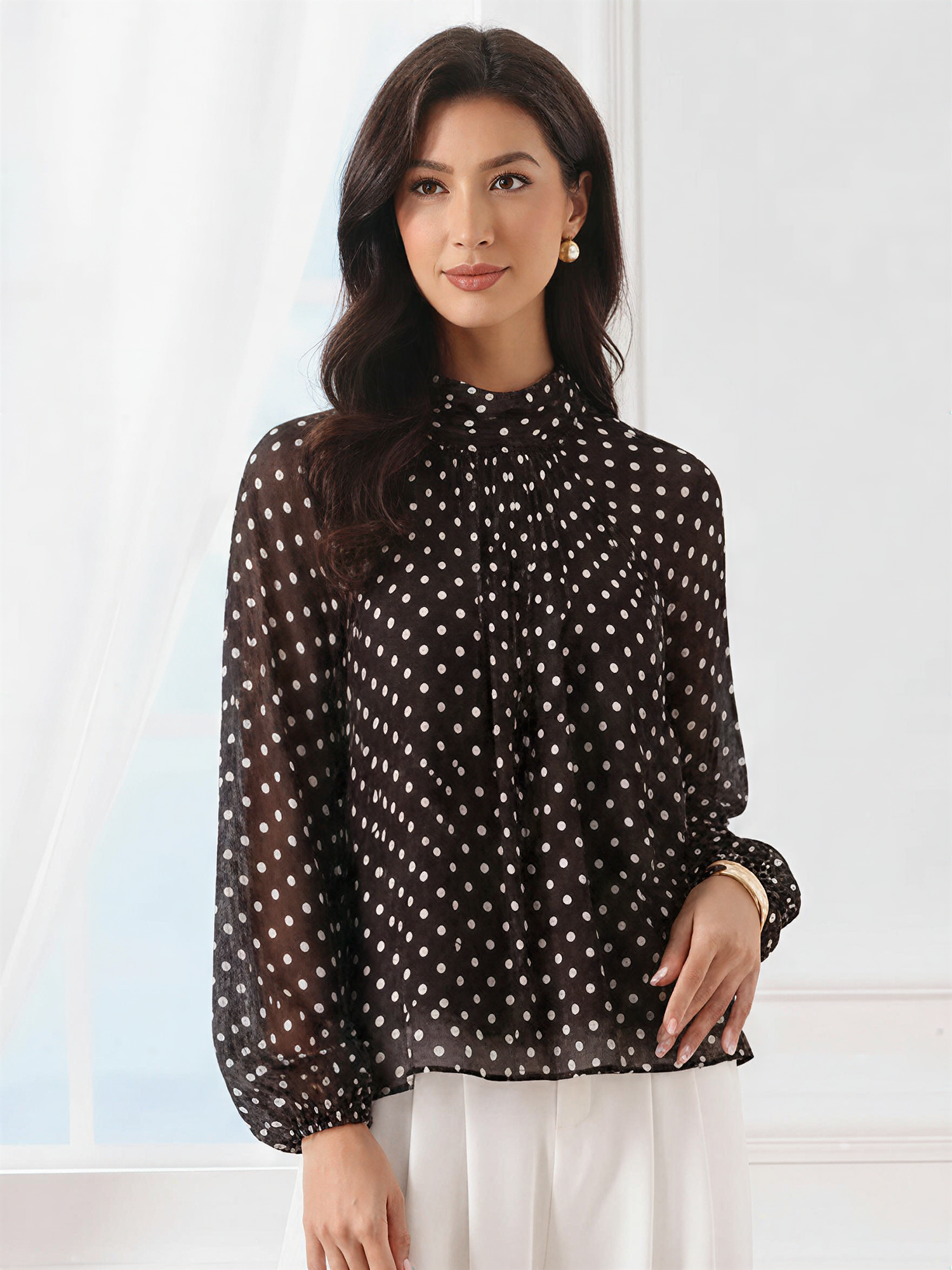 Polka Dots Mesh Mock Neck Lantern Sleeves Blouse Brown/M