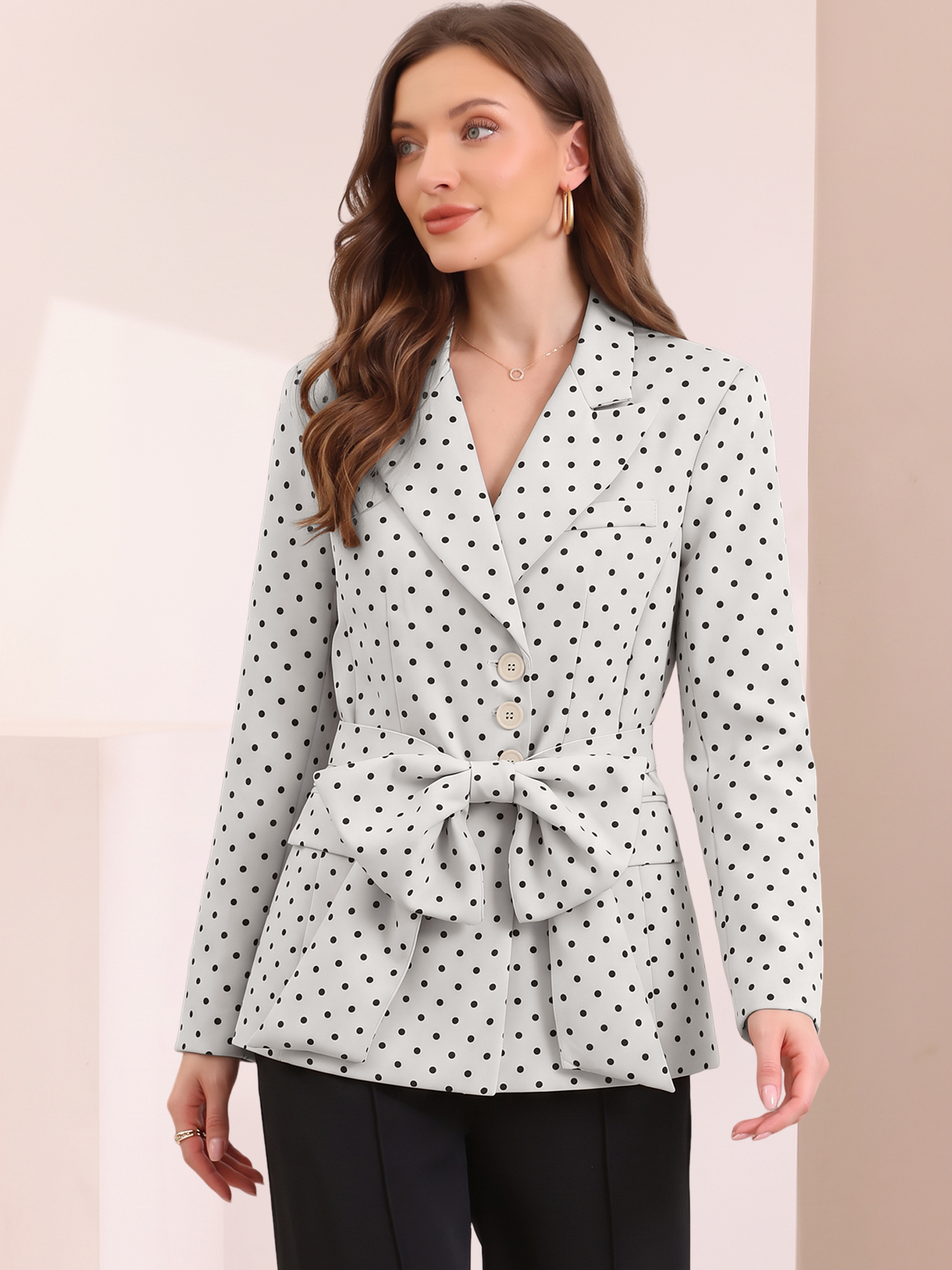Polka Dots Bow Belt Long Sleeves Casual Blazer Silver/L