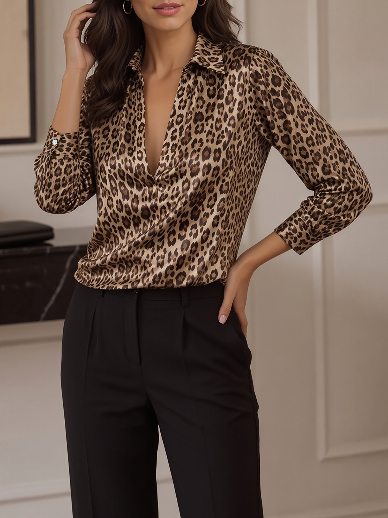 Leopard Print Satin Collared Long Sleeves Blouse Light Brown/S