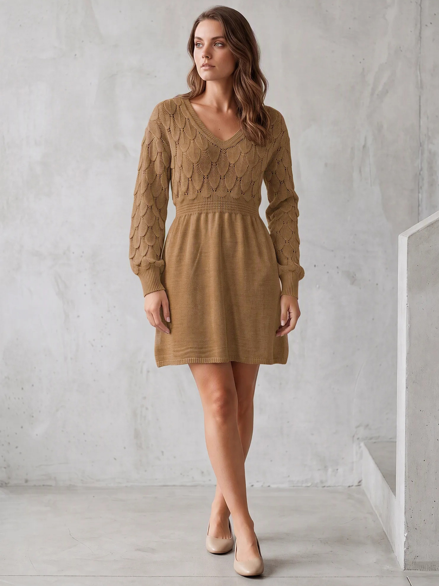 Hollow Out Lantern Long Sleeve Knit Mini Sweater Dress Camel/S