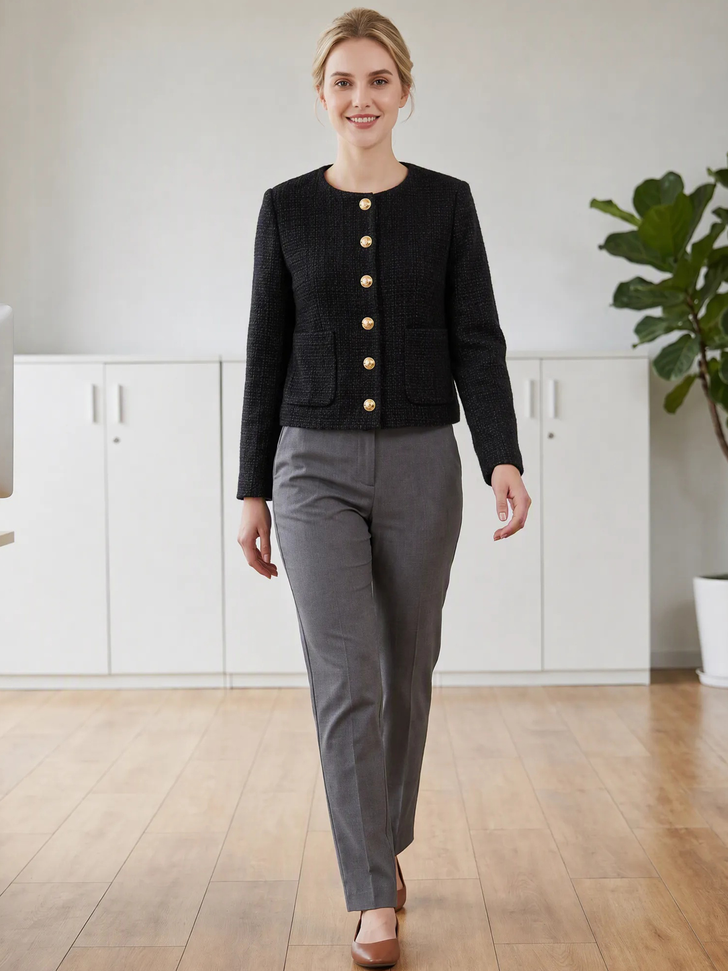 Round Neck Botton Down Long Sleeve Tweed Jacket Black/M