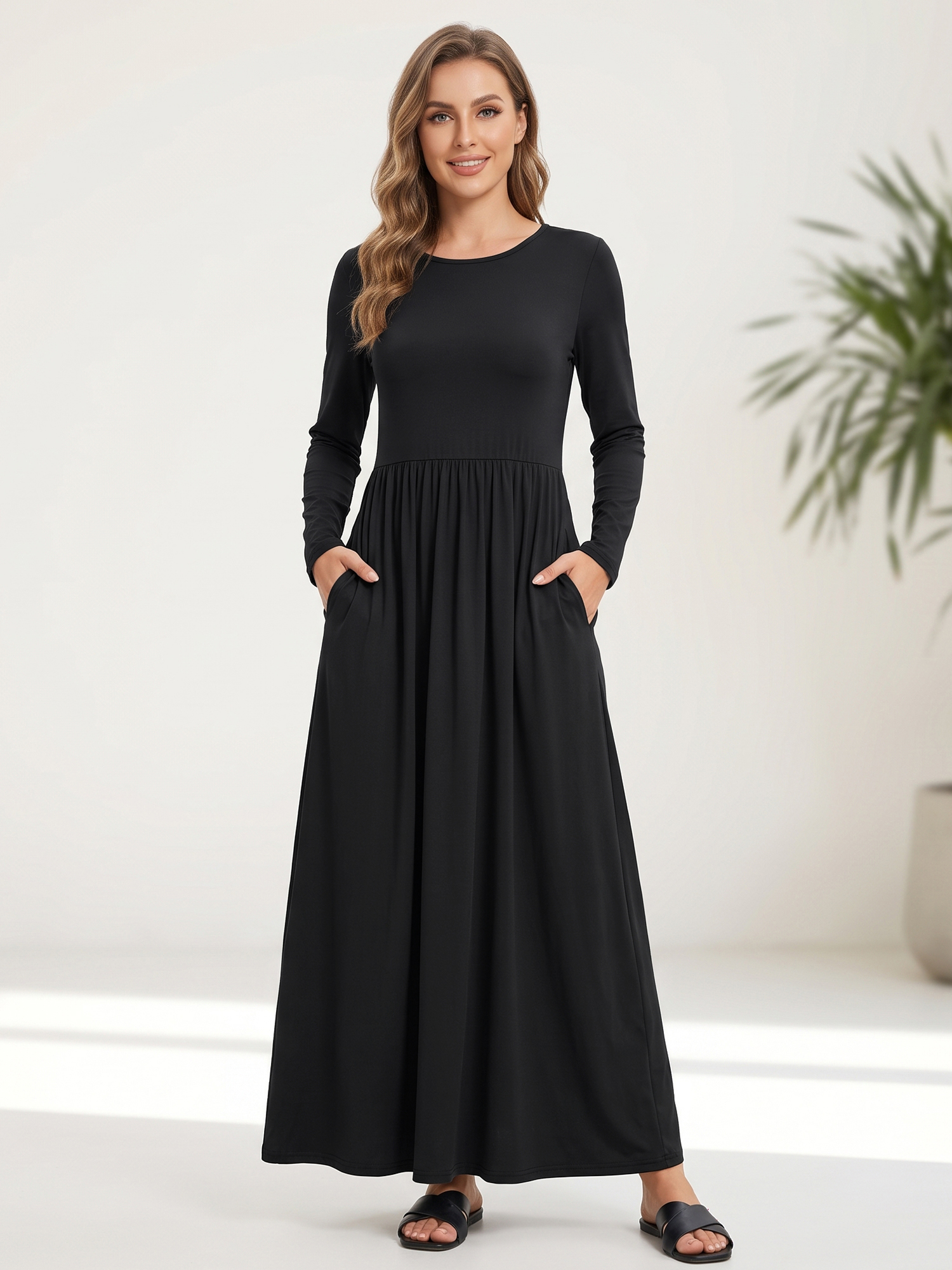 Round Neck Long Sleeve A-Line Maxi Dress with Pockets Black/2XL