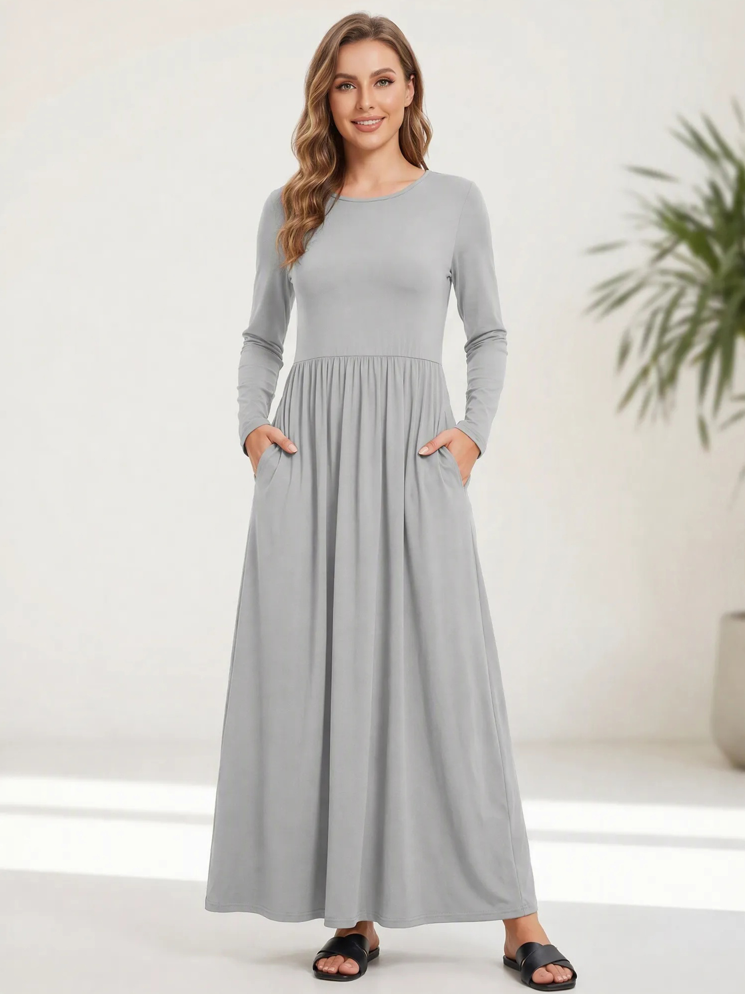 Round Neck Long Sleeve A-Line Maxi Dress with Pockets Gray/2XL