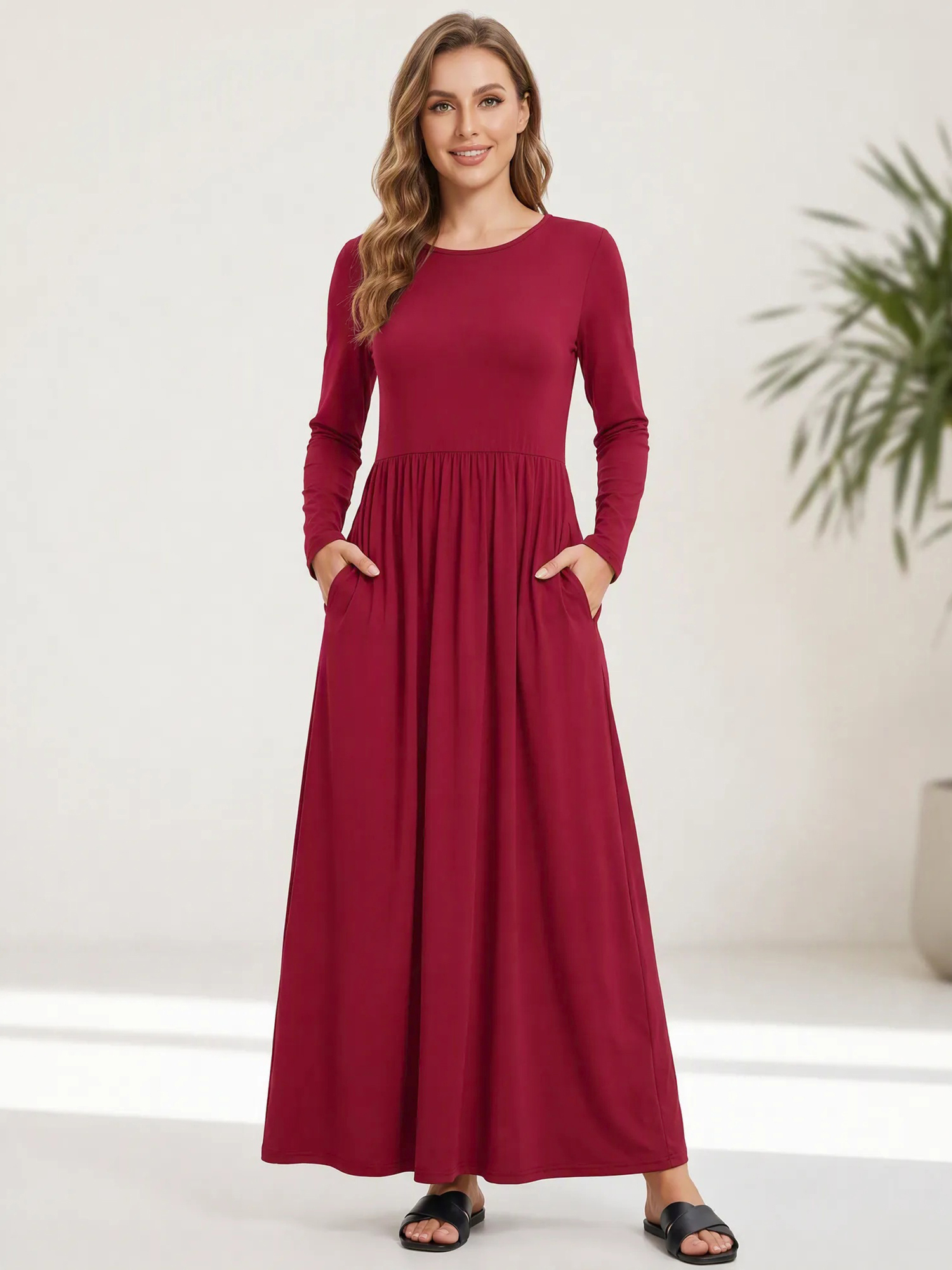 Round Neck Long Sleeve A-Line Maxi Dress with Pockets Red/XL