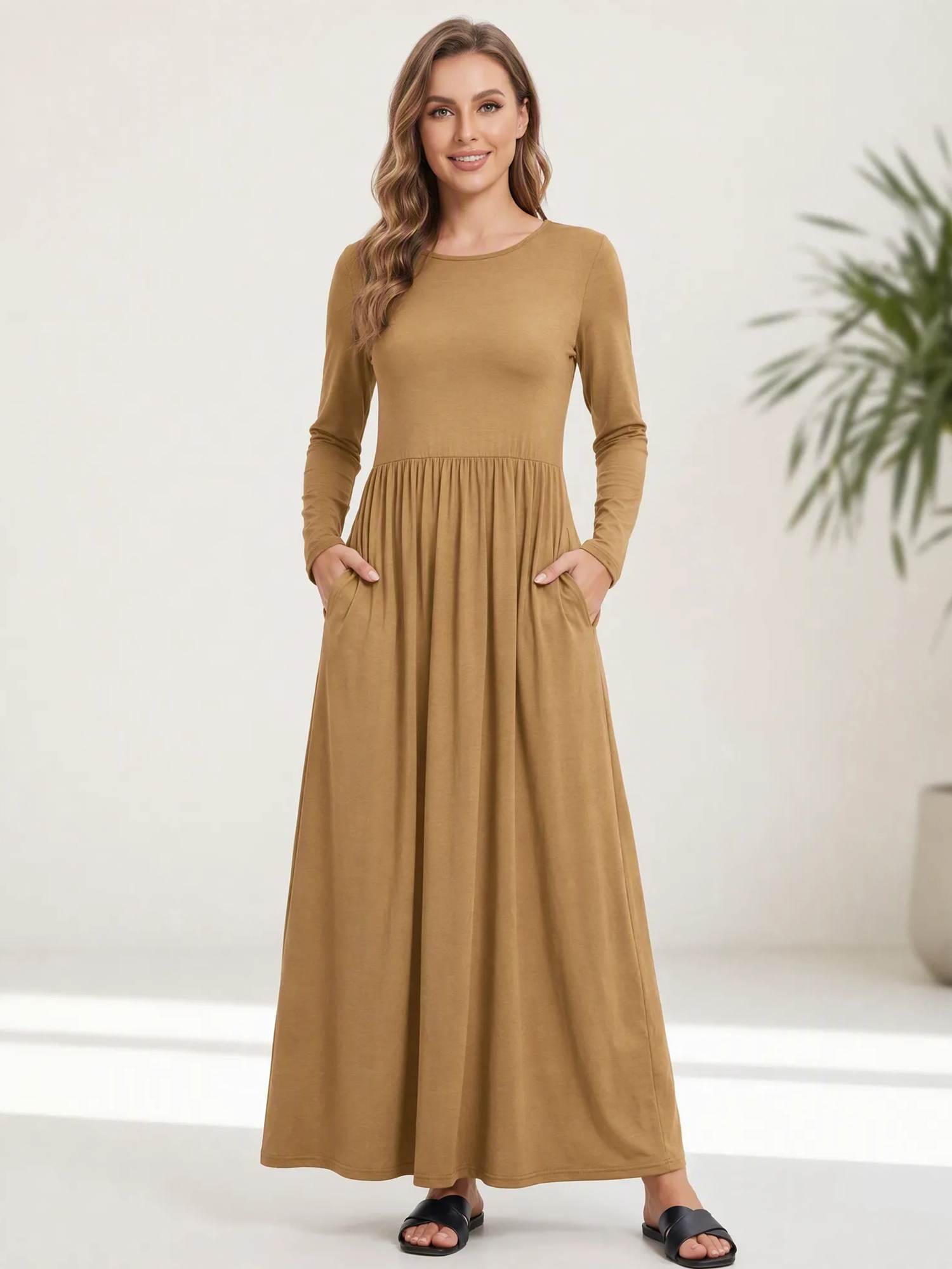 Round Neck Long Sleeve A-Line Maxi Dress with Pockets Khaki/S