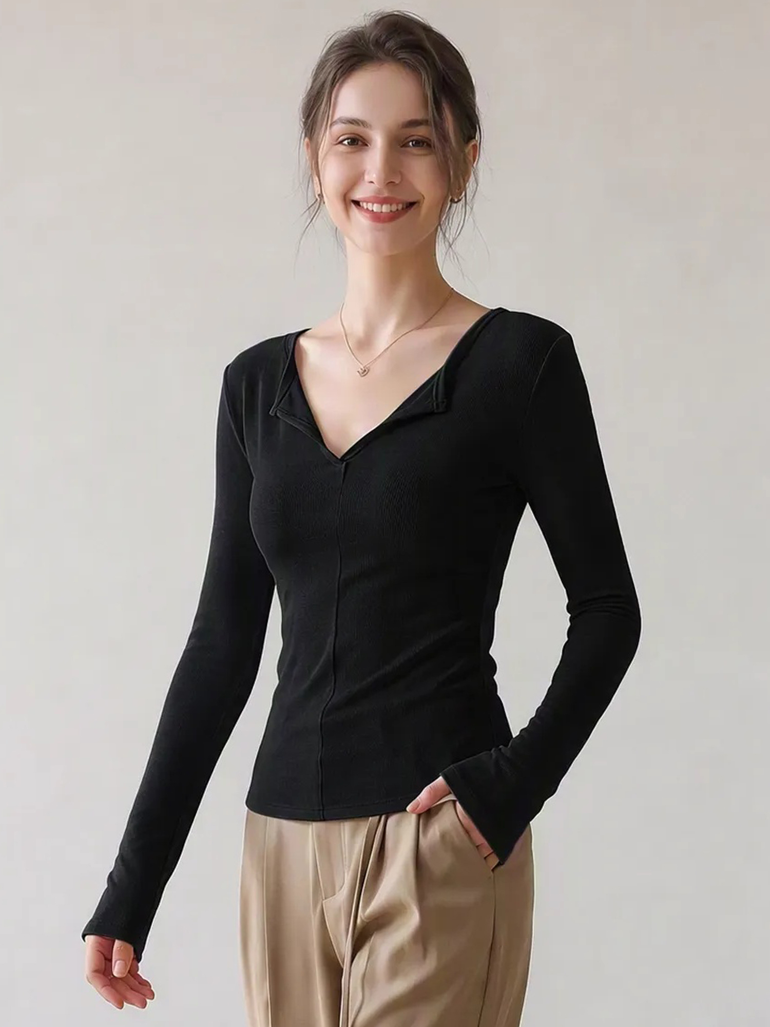 V Neck Solid Color Slim Fit Long Sleeve T-shirt Black/S