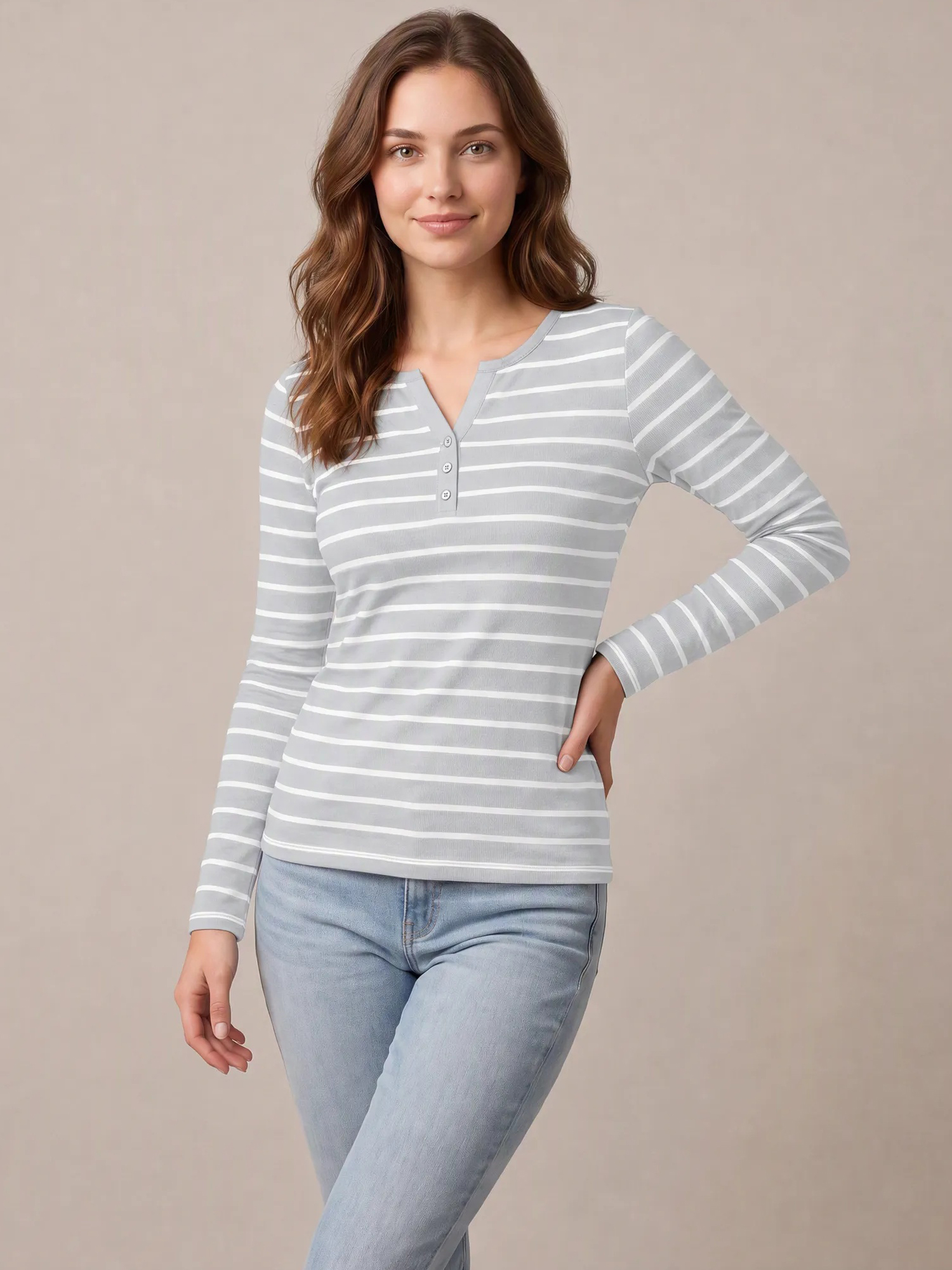 Henley Neck Button Striped Long Sleeved Top Grey/M
