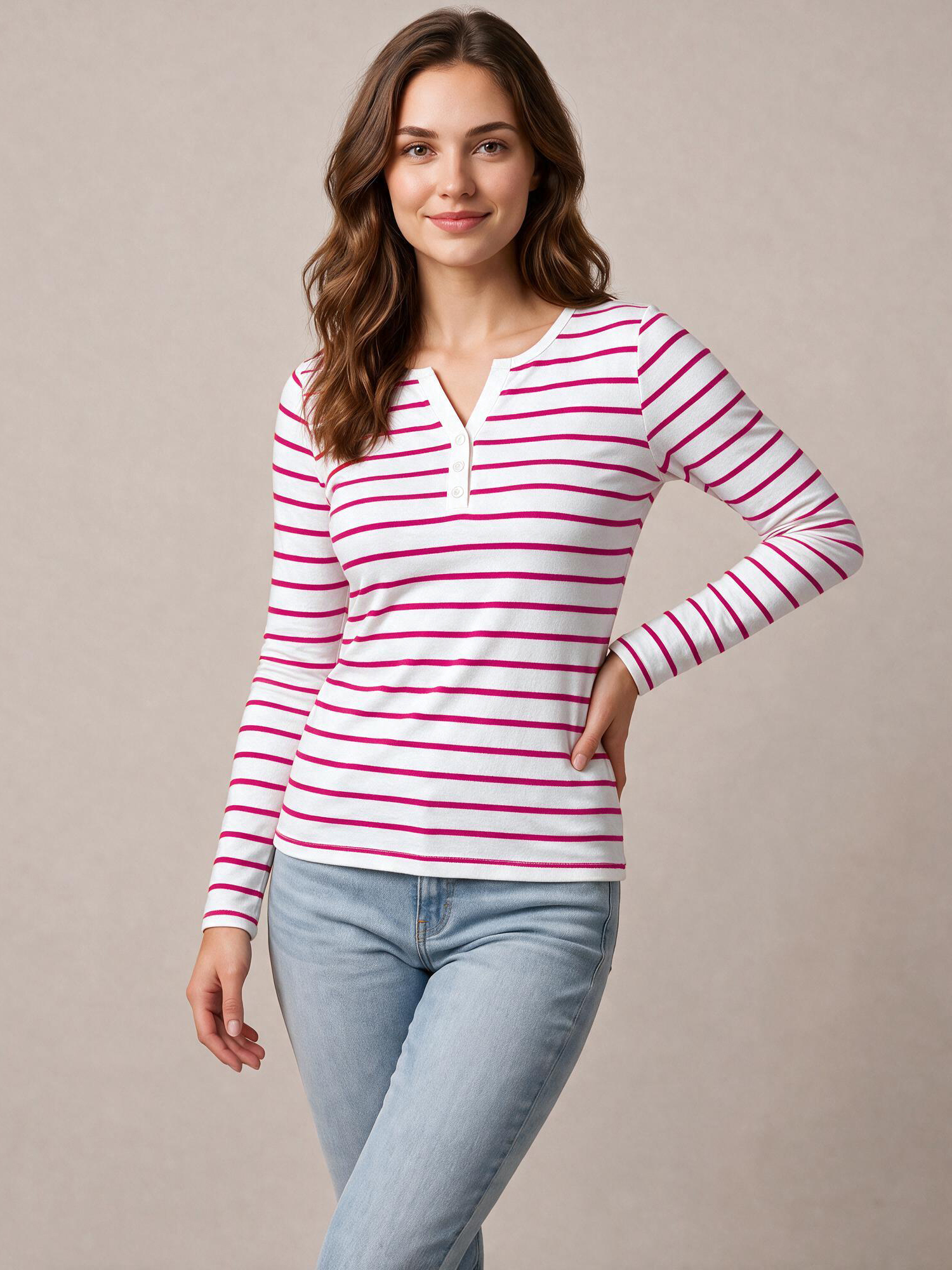 Henley Neck Button Striped Long Sleeved Top Red/L