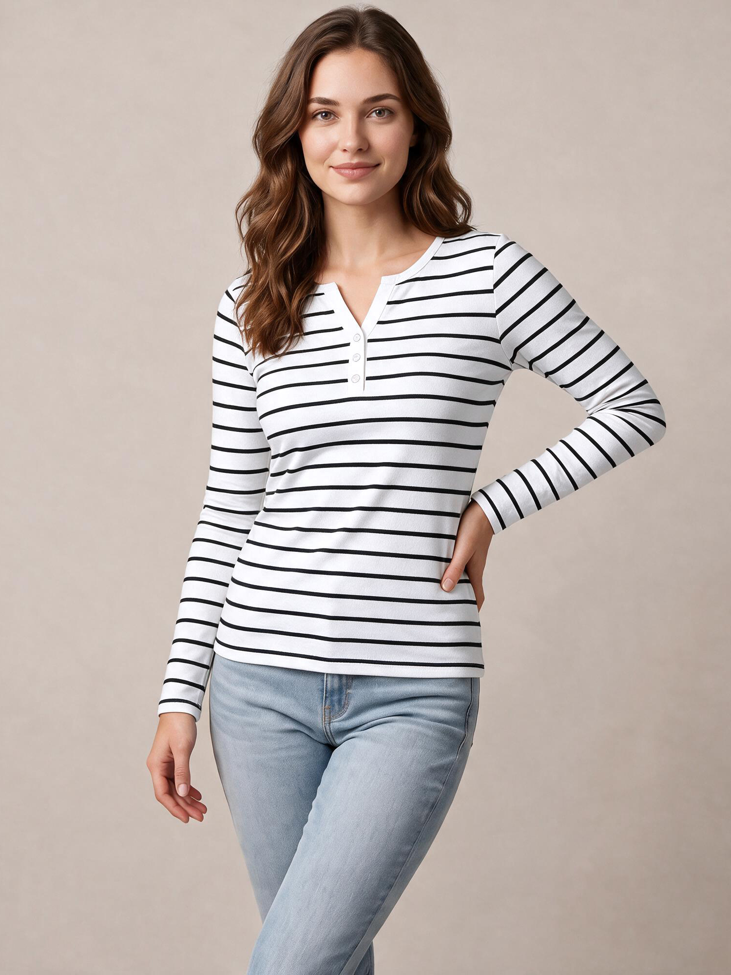 Henley Neck Button Striped Long Sleeved Top White/S