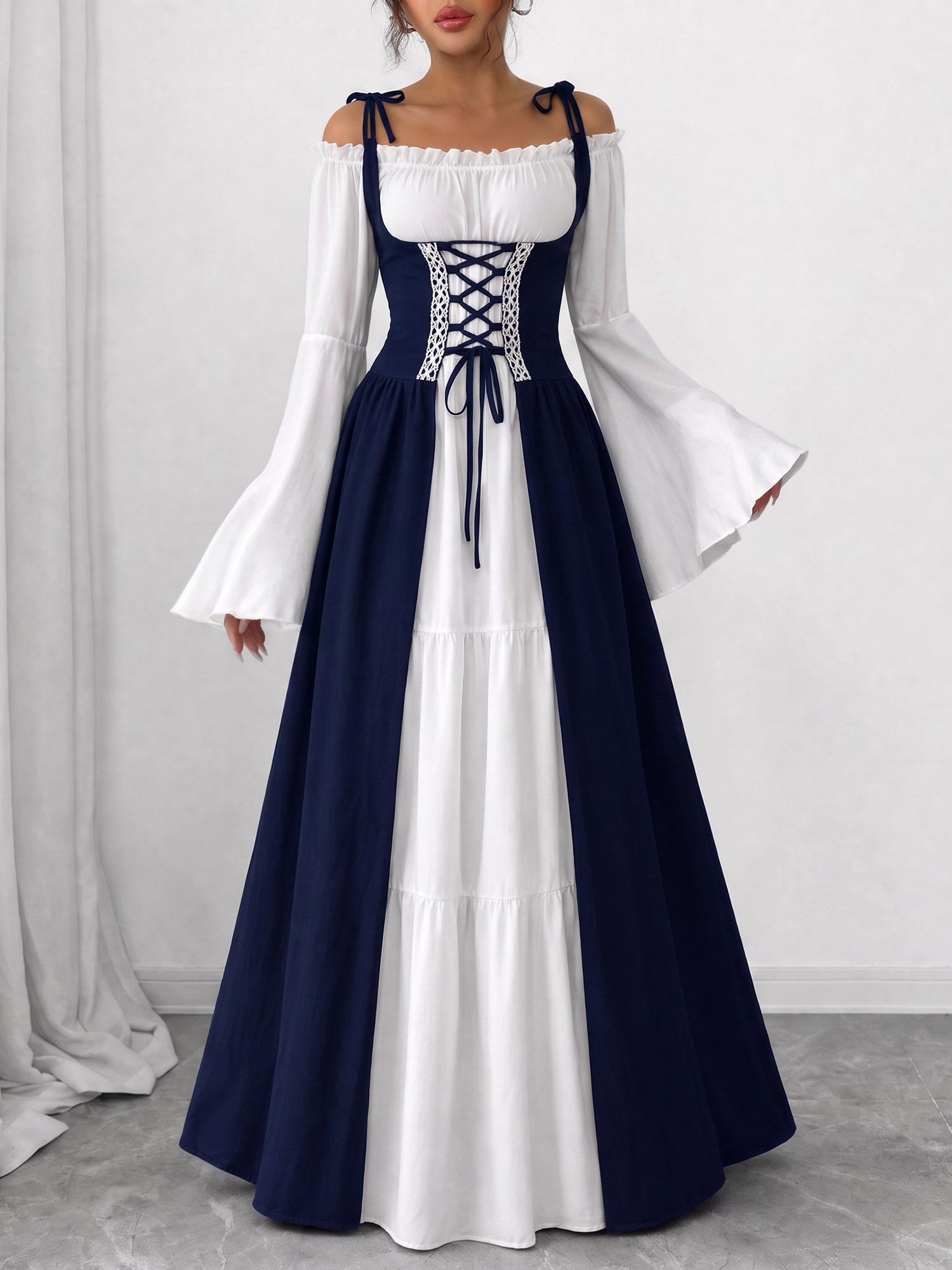 Halloween Costume Colorblock Retro Renaissance Dress Blue/S