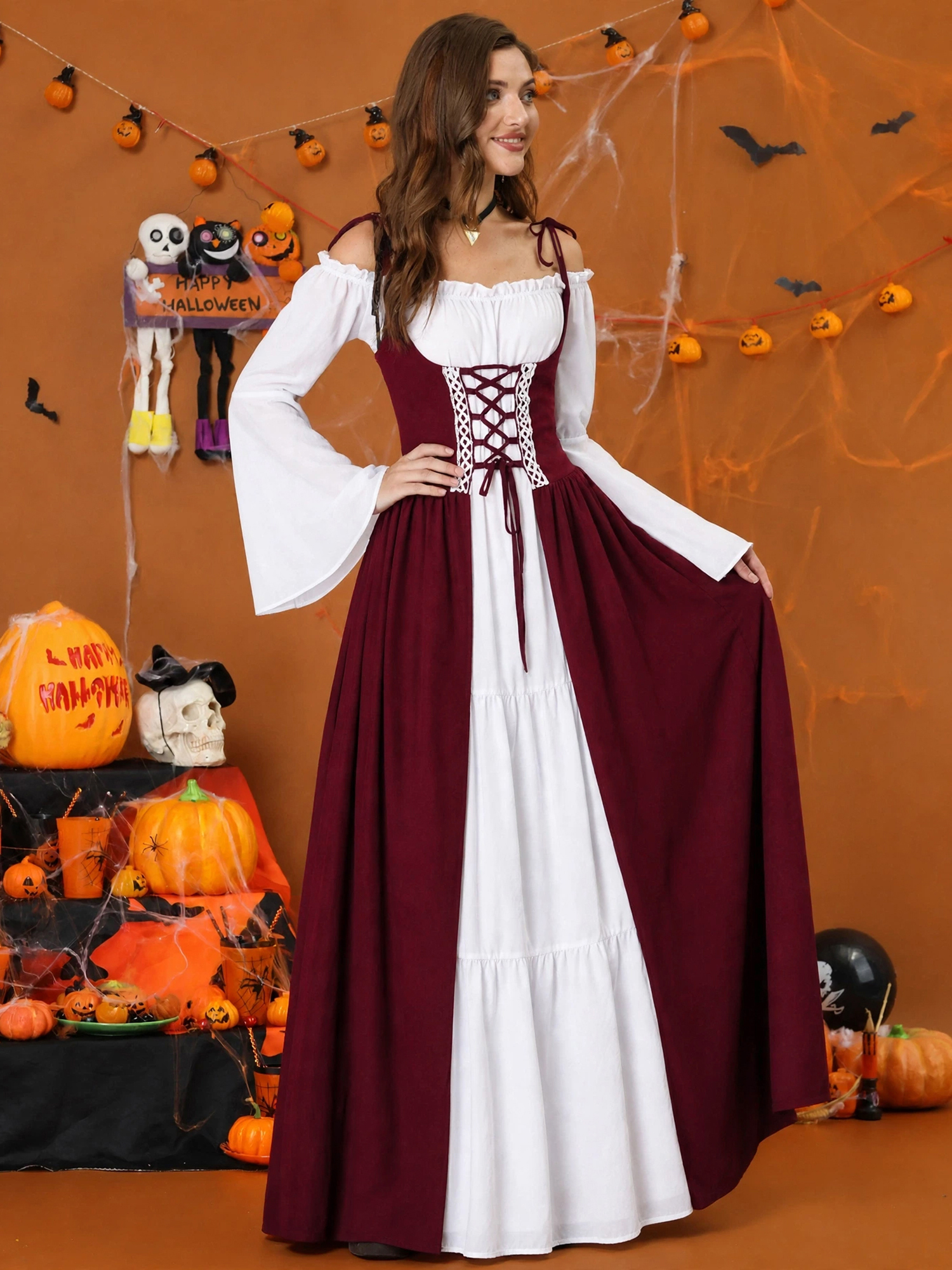 Halloween Costume Colorblock Retro Renaissance Dress Burgundy/S